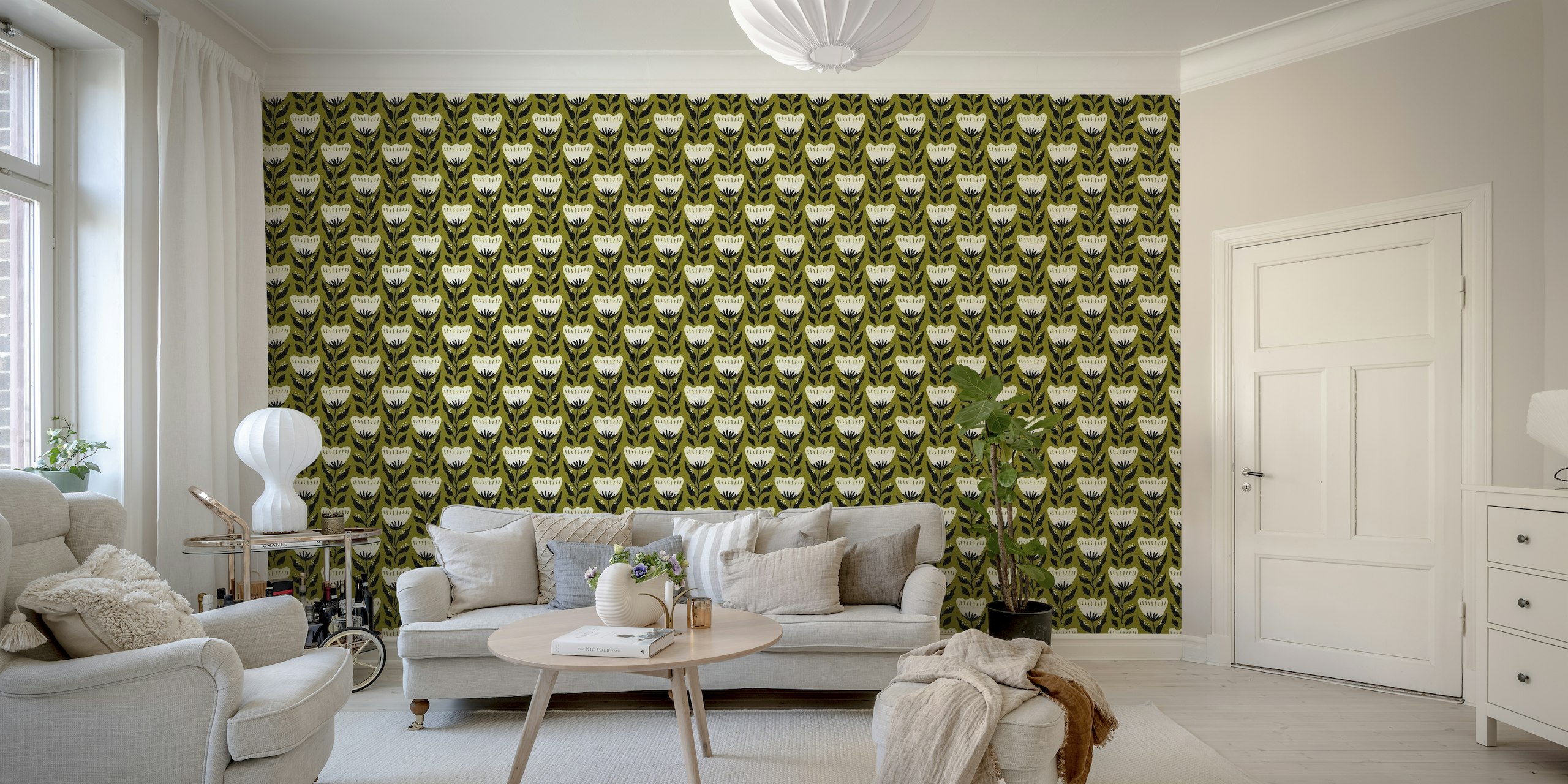 Soothing sage green wall mural with white floral patterns