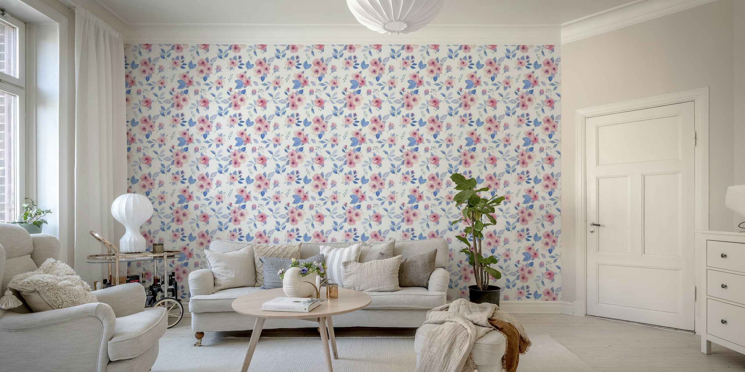 Loose watercolor roses in red and blue wallpaper