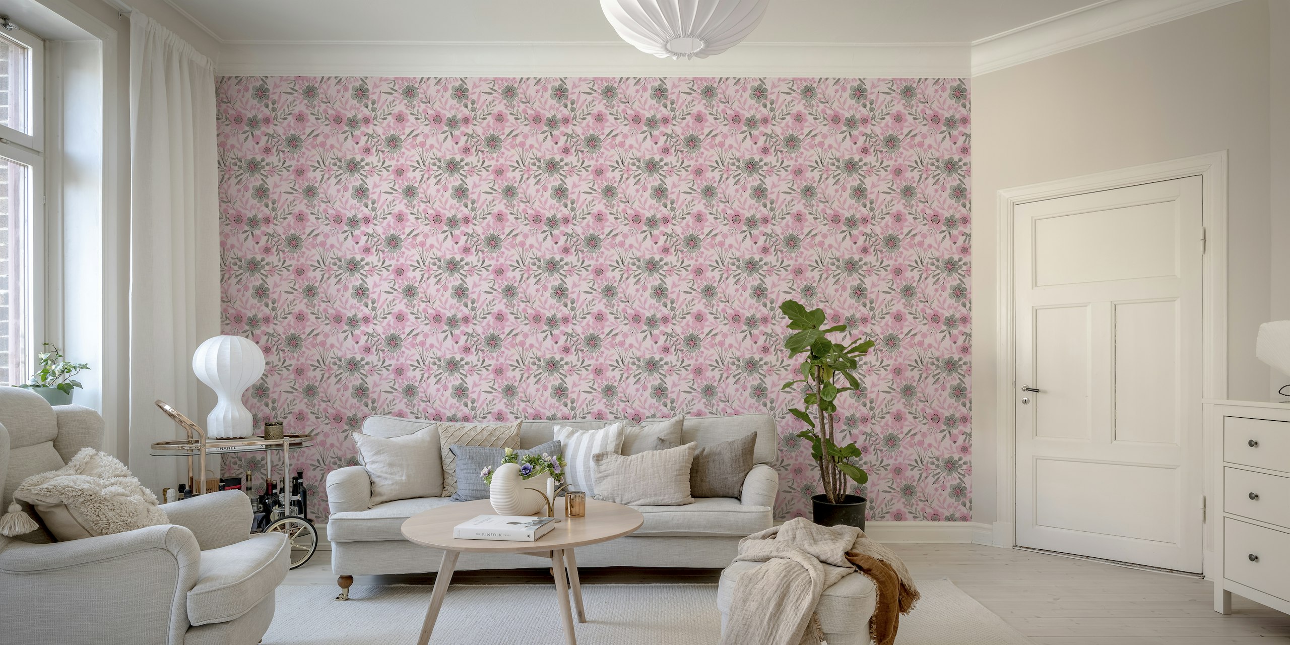 Pastel pink and grey whimsical watercolor flowers wall mural.