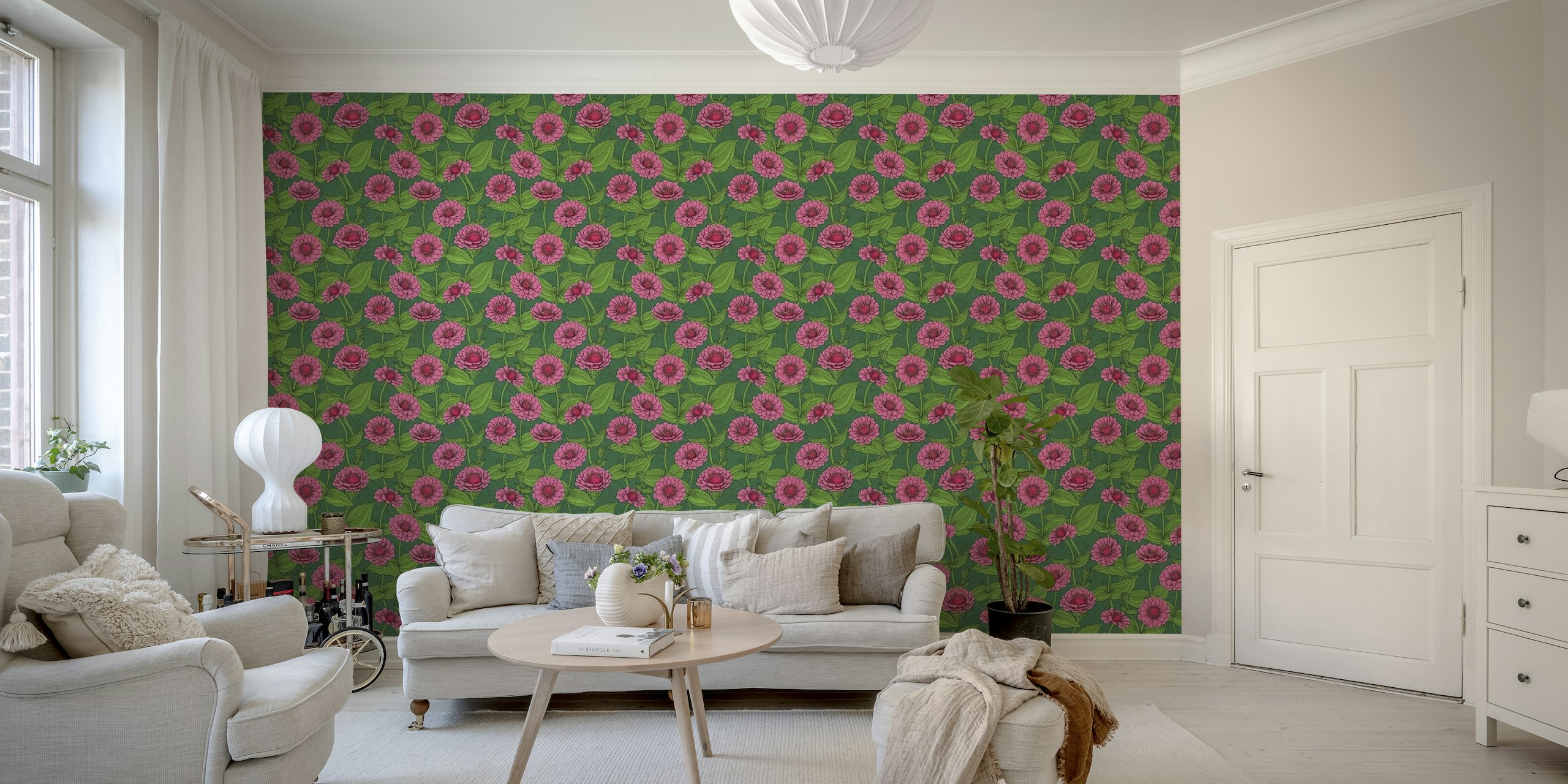Pink Zinnias on dark green wallpaper