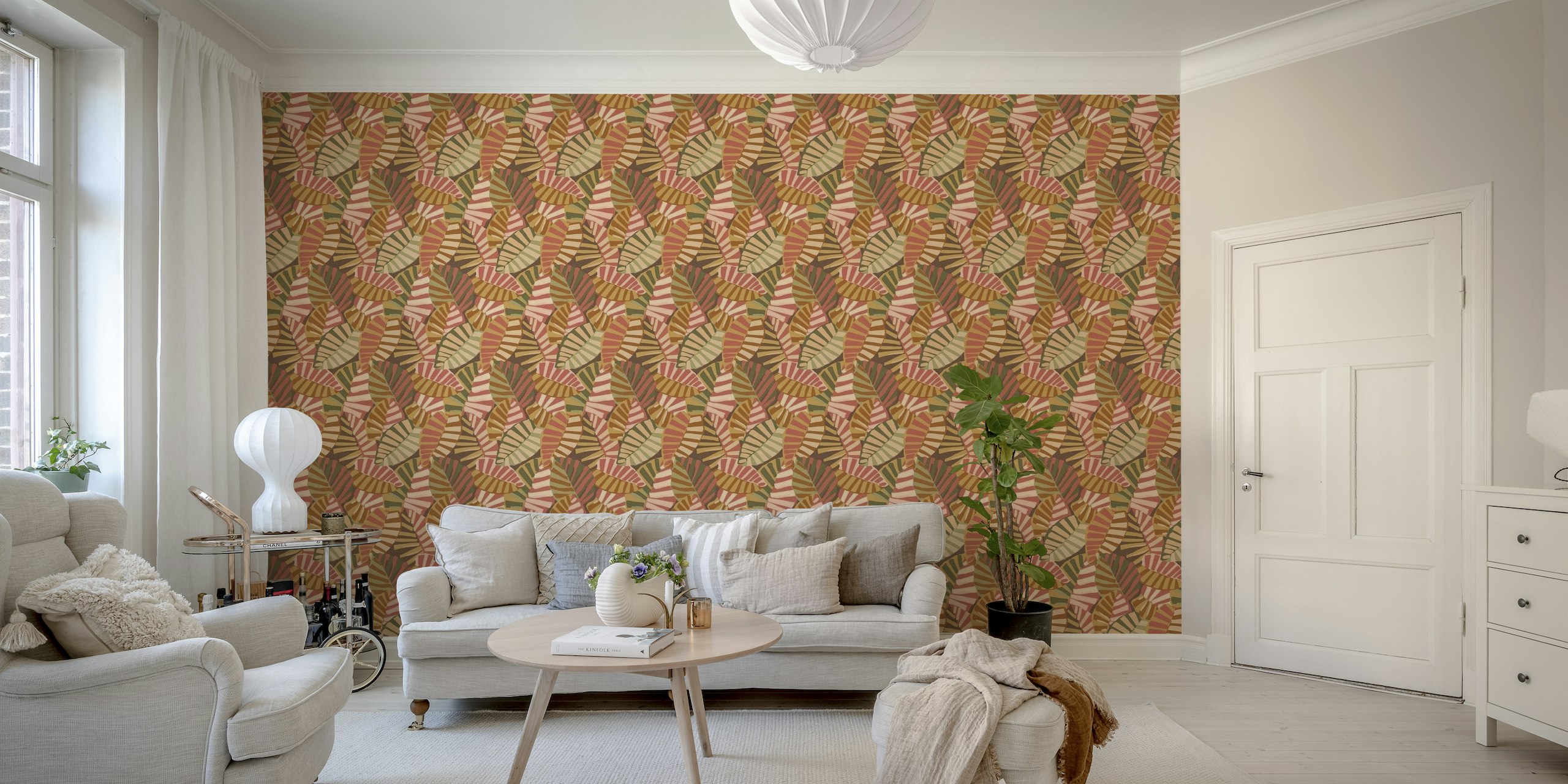 Foliage pattern wall mural in earth tones with stylized leaf designs