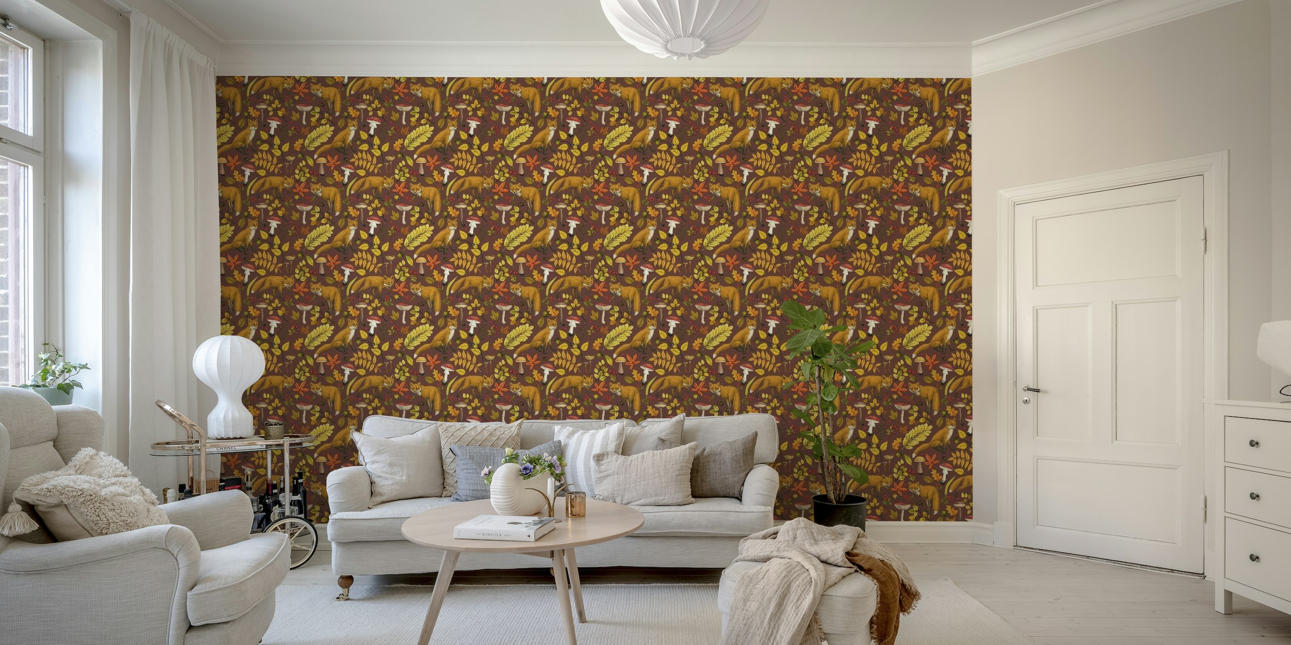 Autumn foxes on chocolate brown wallpaper