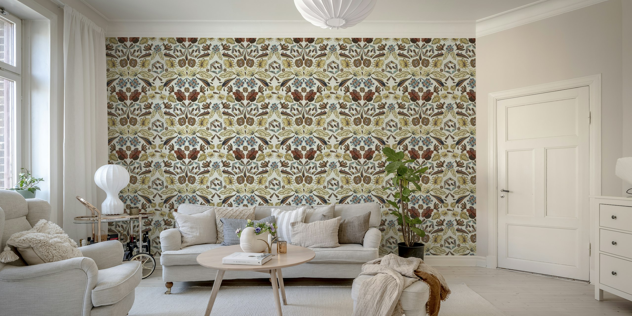 Bohemian chic 'Hippy Folk Pattern' wall mural with floral and abstract motifs in earthy tones.