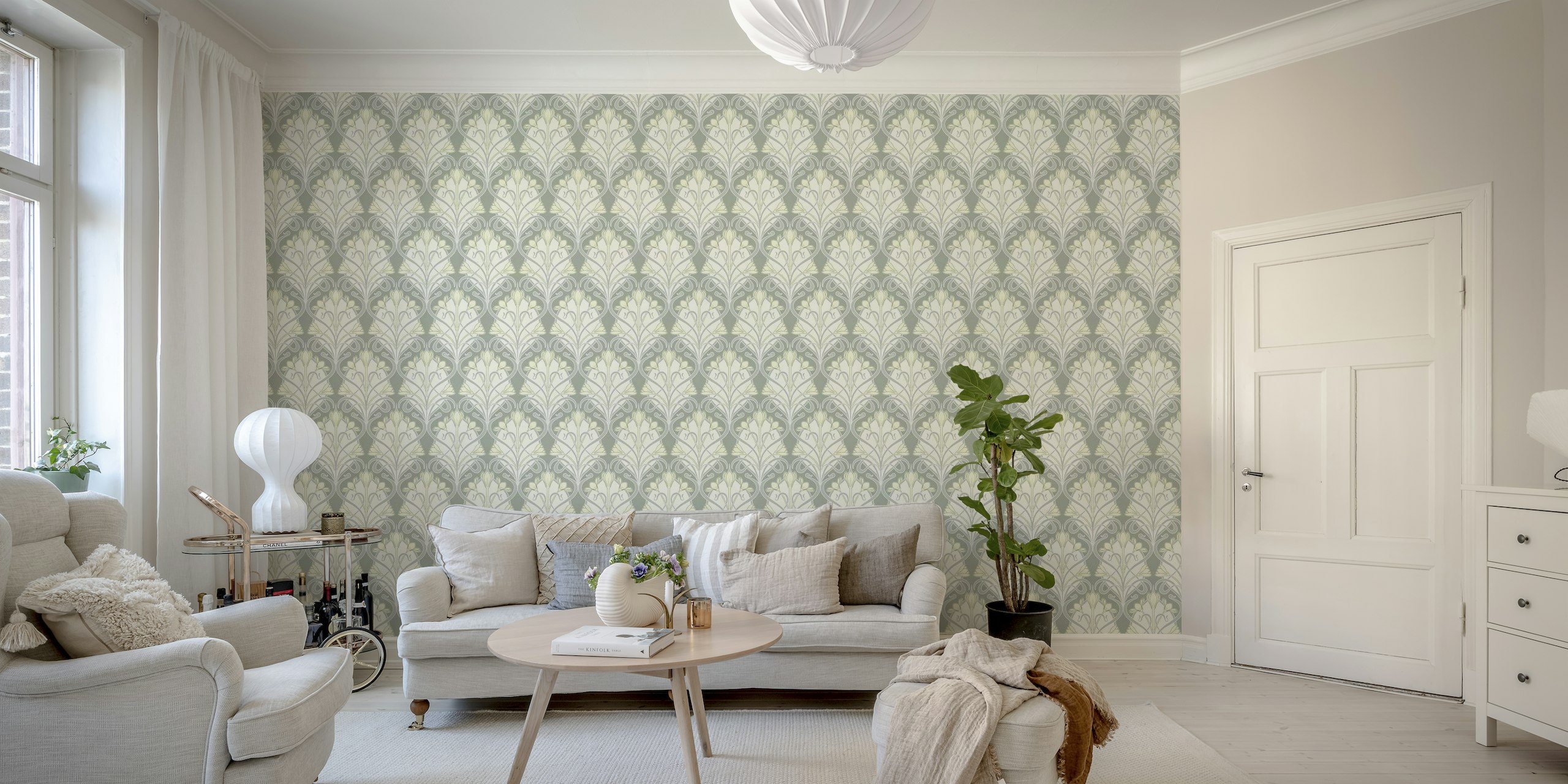 Art Nouveau-stijl fotobehang met ontluikende krokusbloemen en elegante lijnen in een symmetrisch patroon.