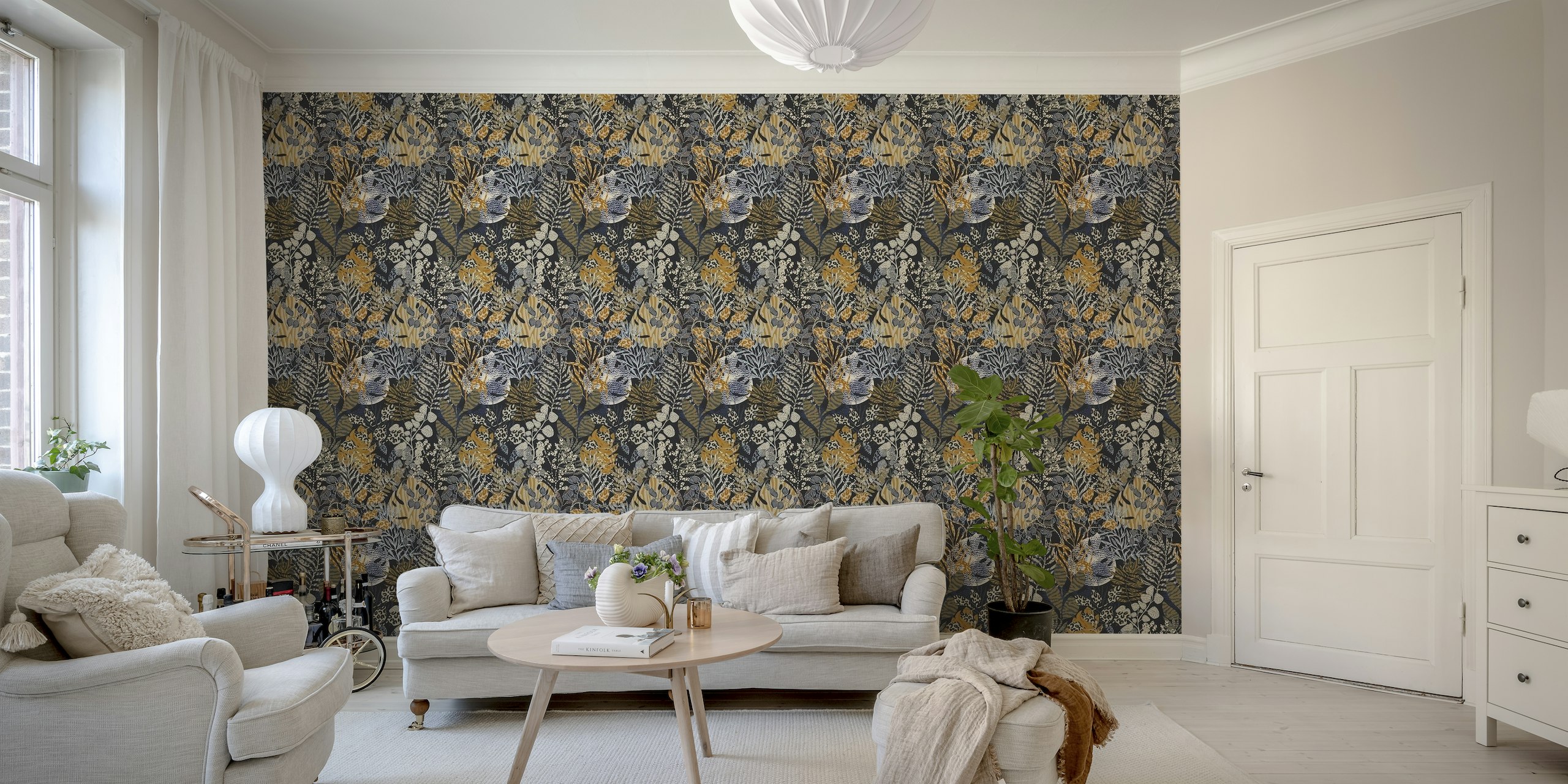 Animal pattern leaves tropical night wallpaper
