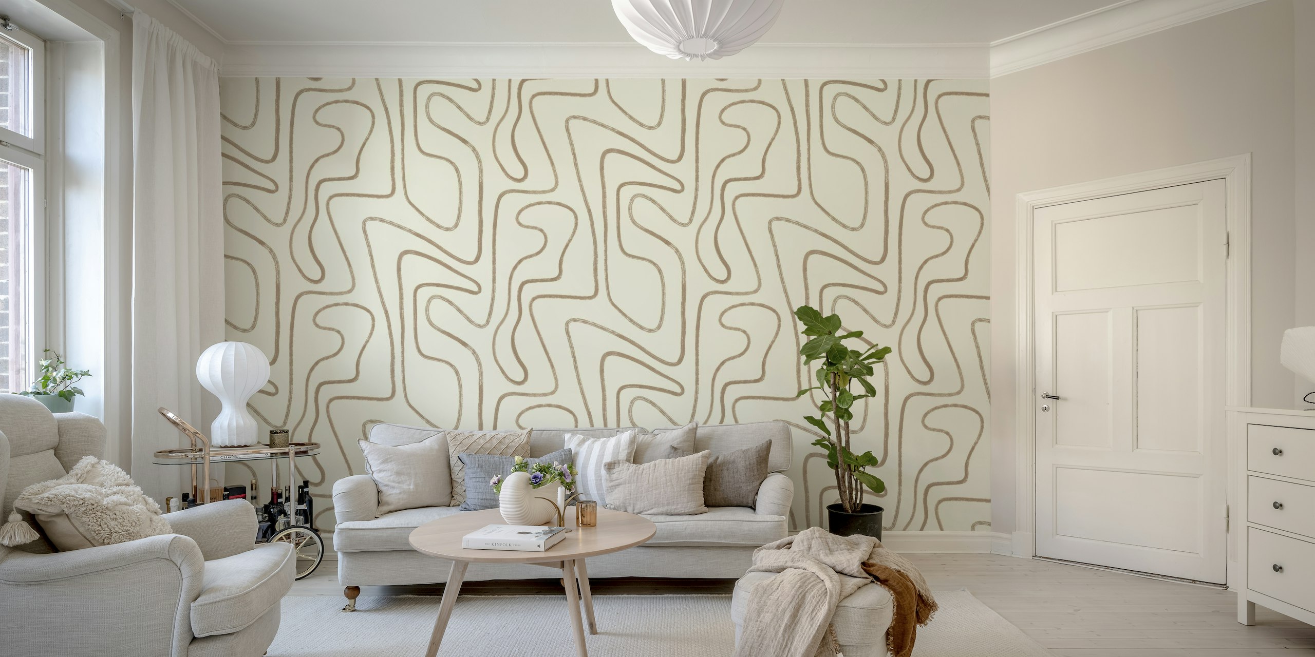 Abstract Lines in Tan Earth Tones Hand Drawn Wall Mural