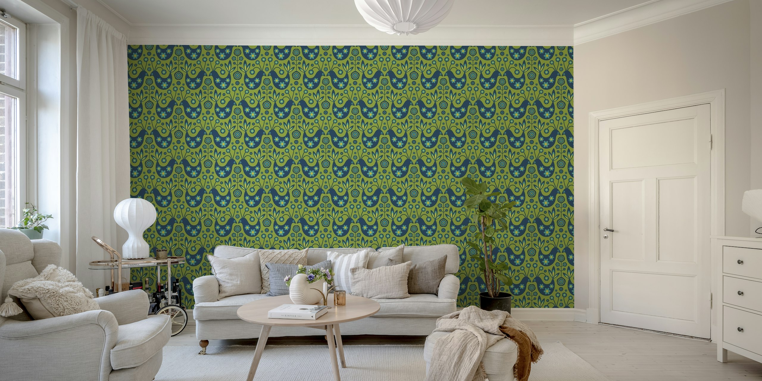 LOVE BIRDS Retro Scandi Floral Blue Green wallpaper