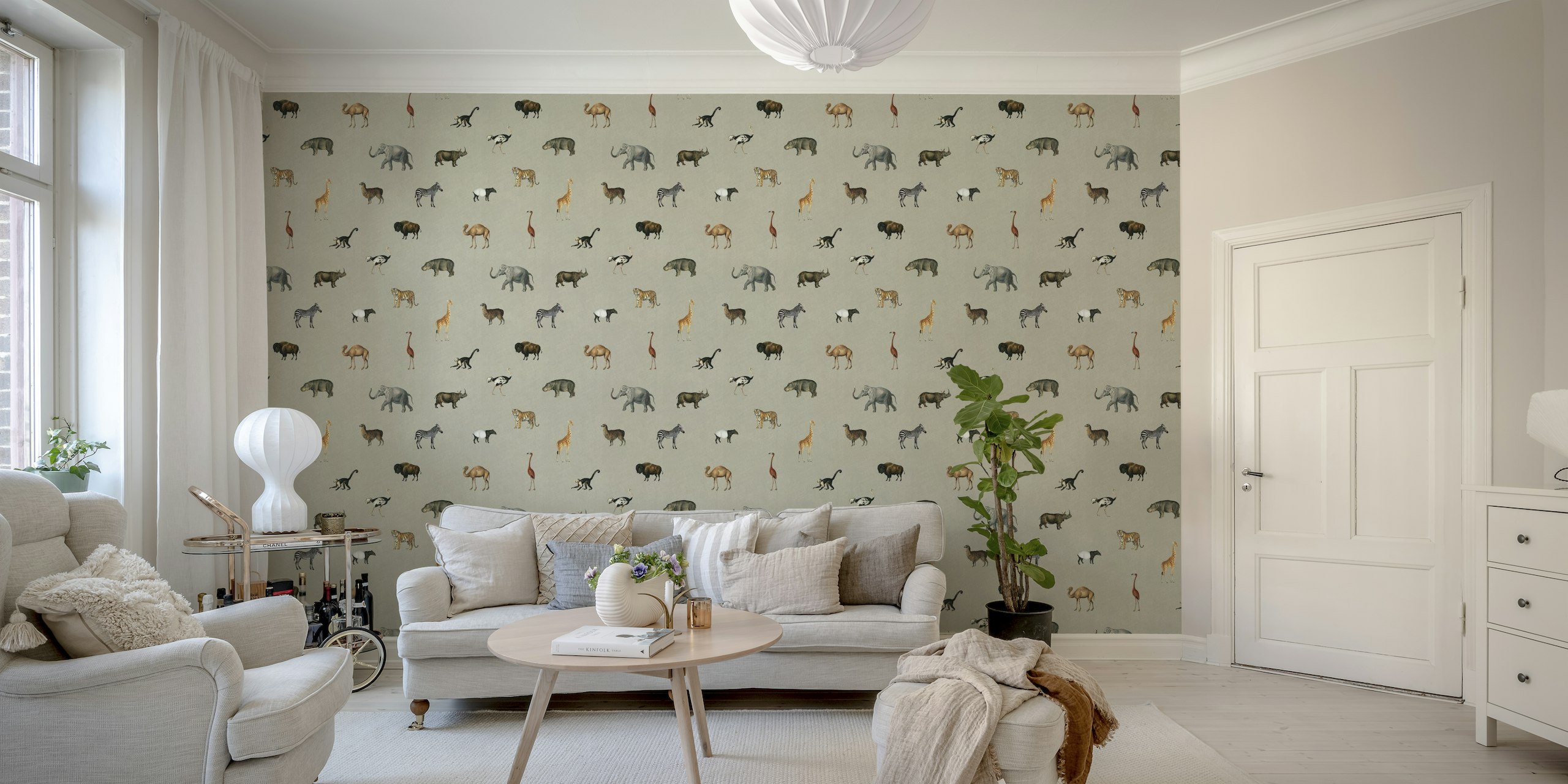 Savanna-themed wall mural with various animals in greige tones