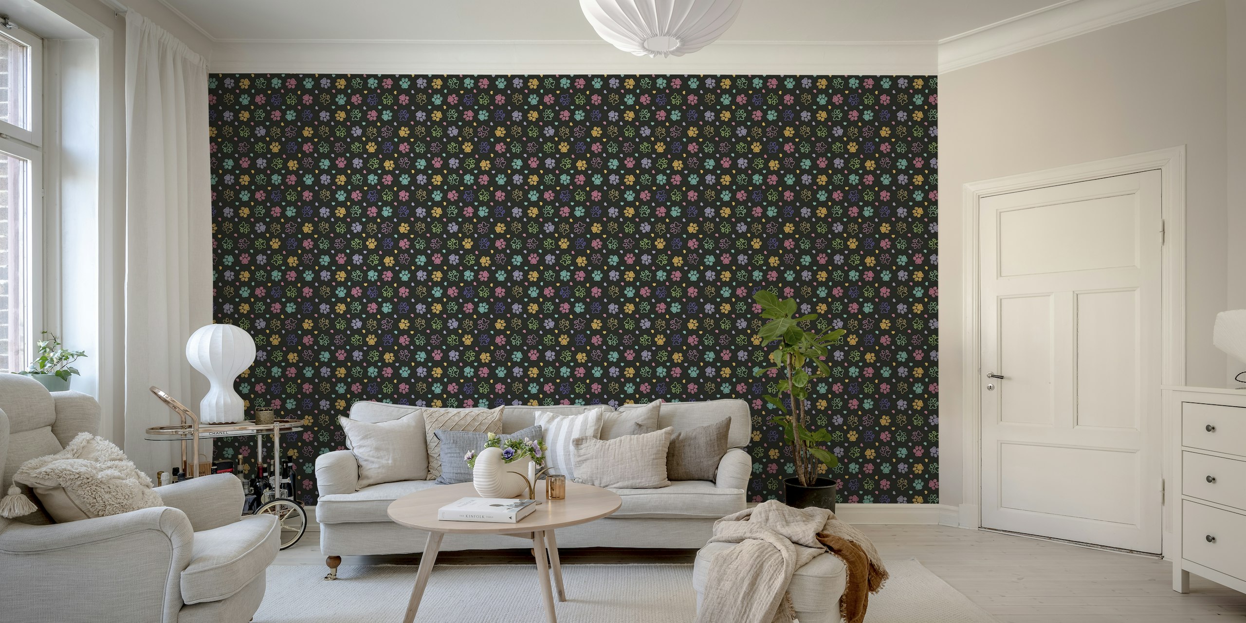 Colorful doodle paw prints dark wallpaper