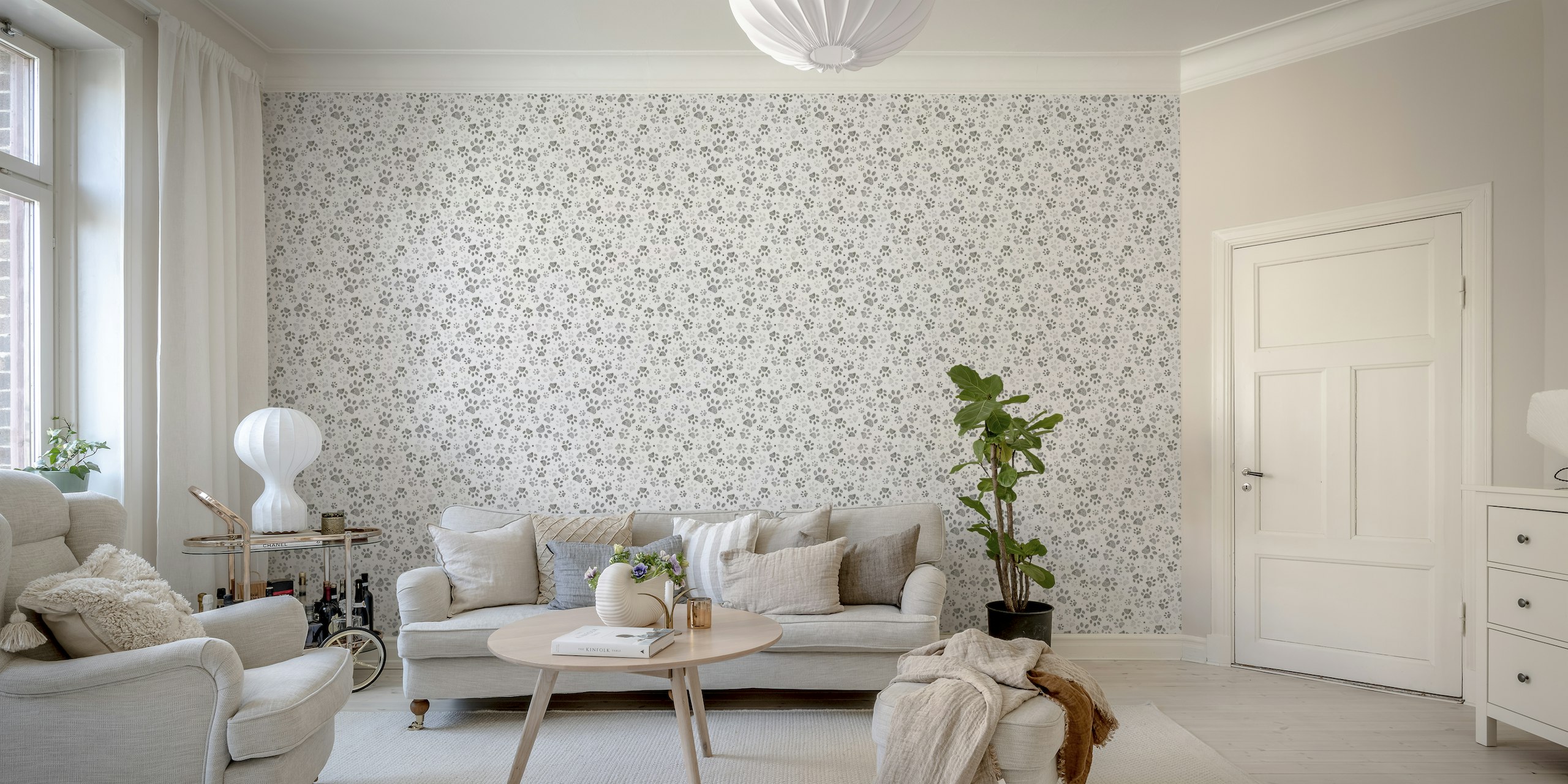 Doodle grey paw prints with geometric shapes wallpaper