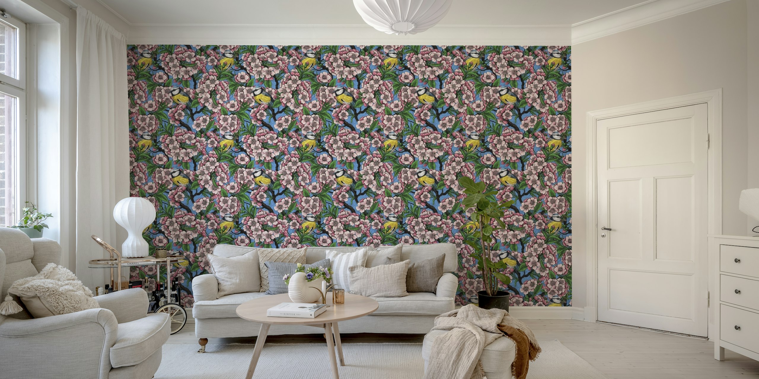 Cherry blossom and birds wall mural with pink florals and yellow birds on a white background