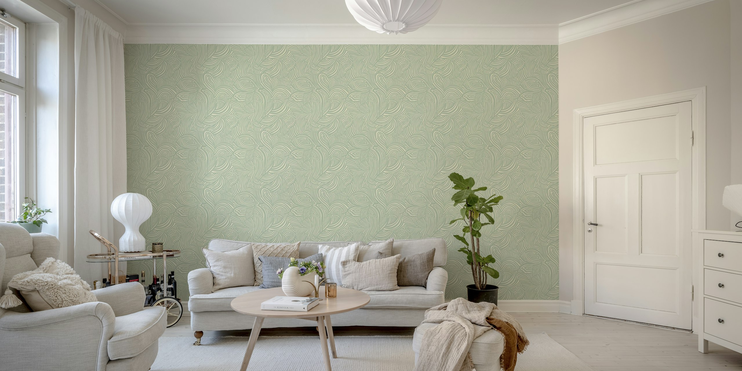 Minty Whirlwind - Abstract Cream & Green Wave wallpaper
