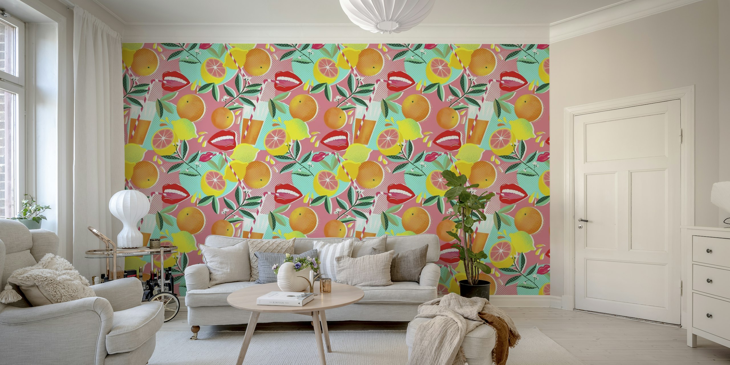 Vibrant 'Citrus Pop Pink' wall mural featuring pink background with citrus fruits and playful patterns