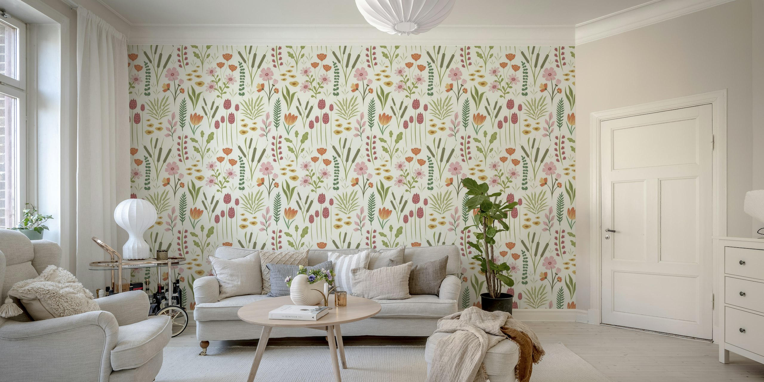 Illustrative wall mural of an array of wildflowers in pastel colors