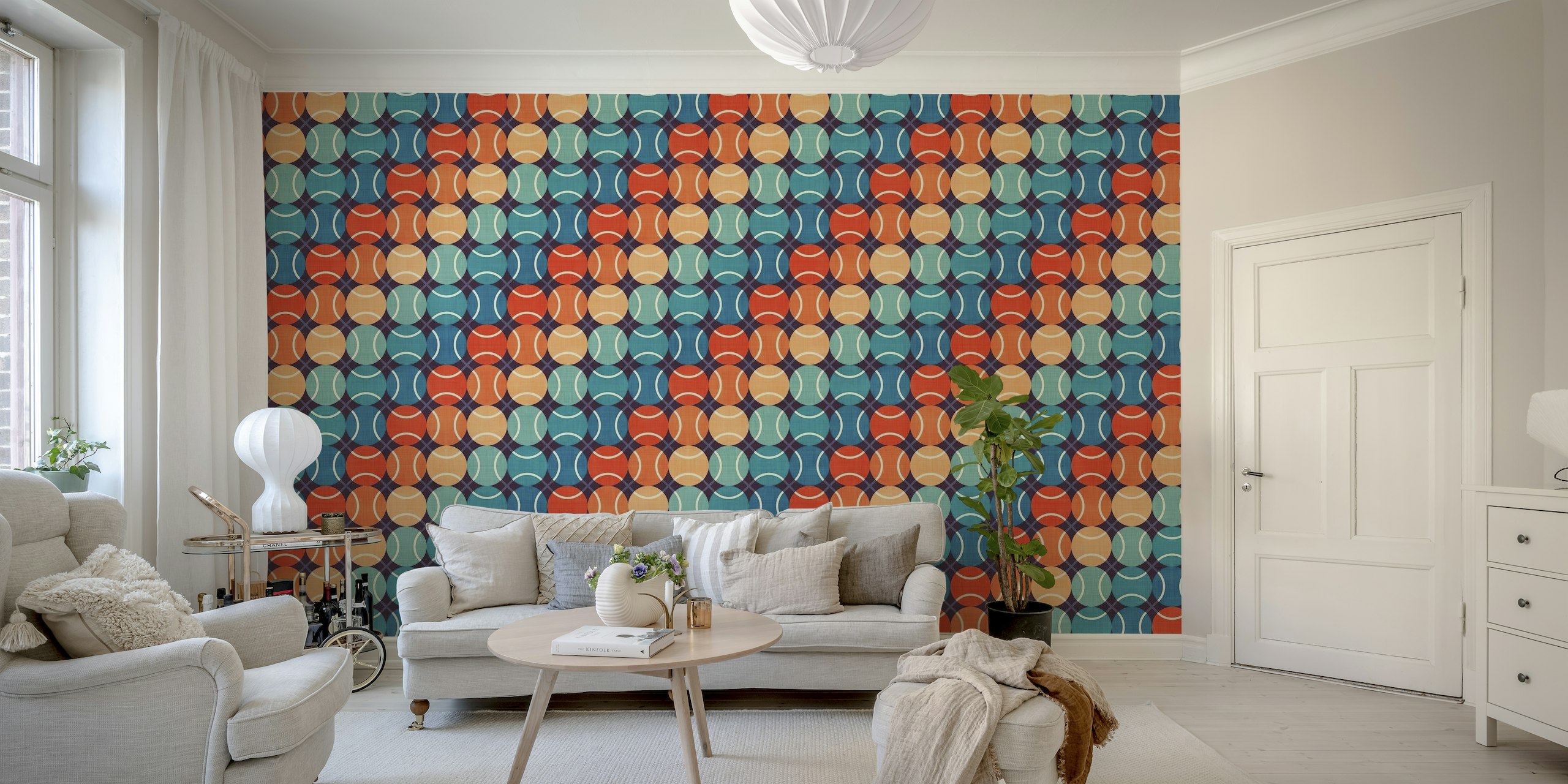 Colorful retro-style wall mural featuring tennis ball patterns with rainbow stripes on a dark background