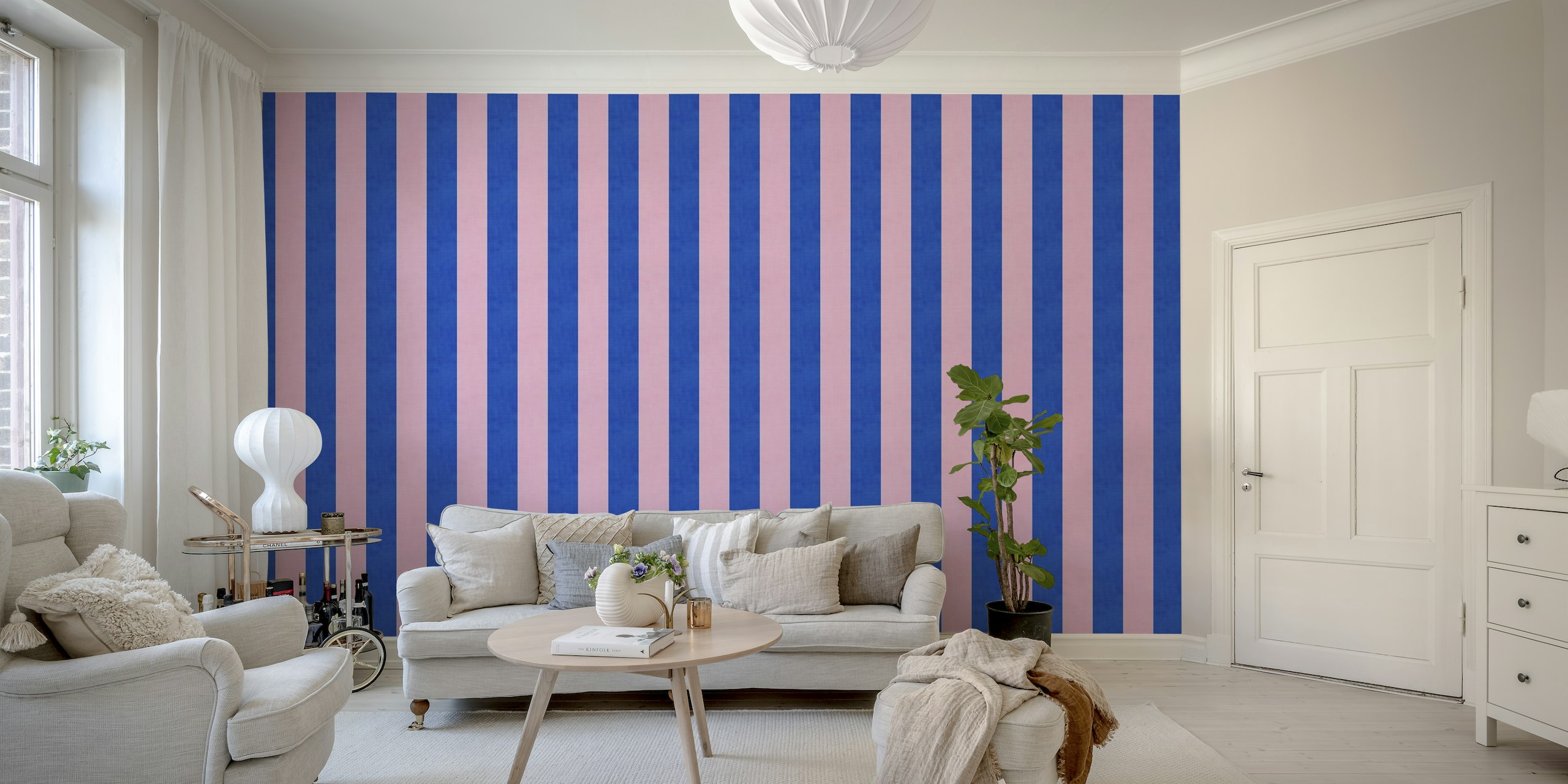 Cobalt Blue and Blush Pink Stripes wallpaper