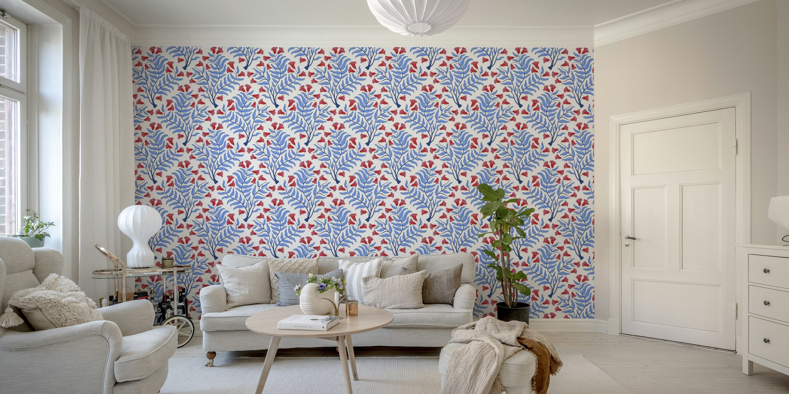 A floral red, blue, and pink trumpet flower damask pattern wall mural.