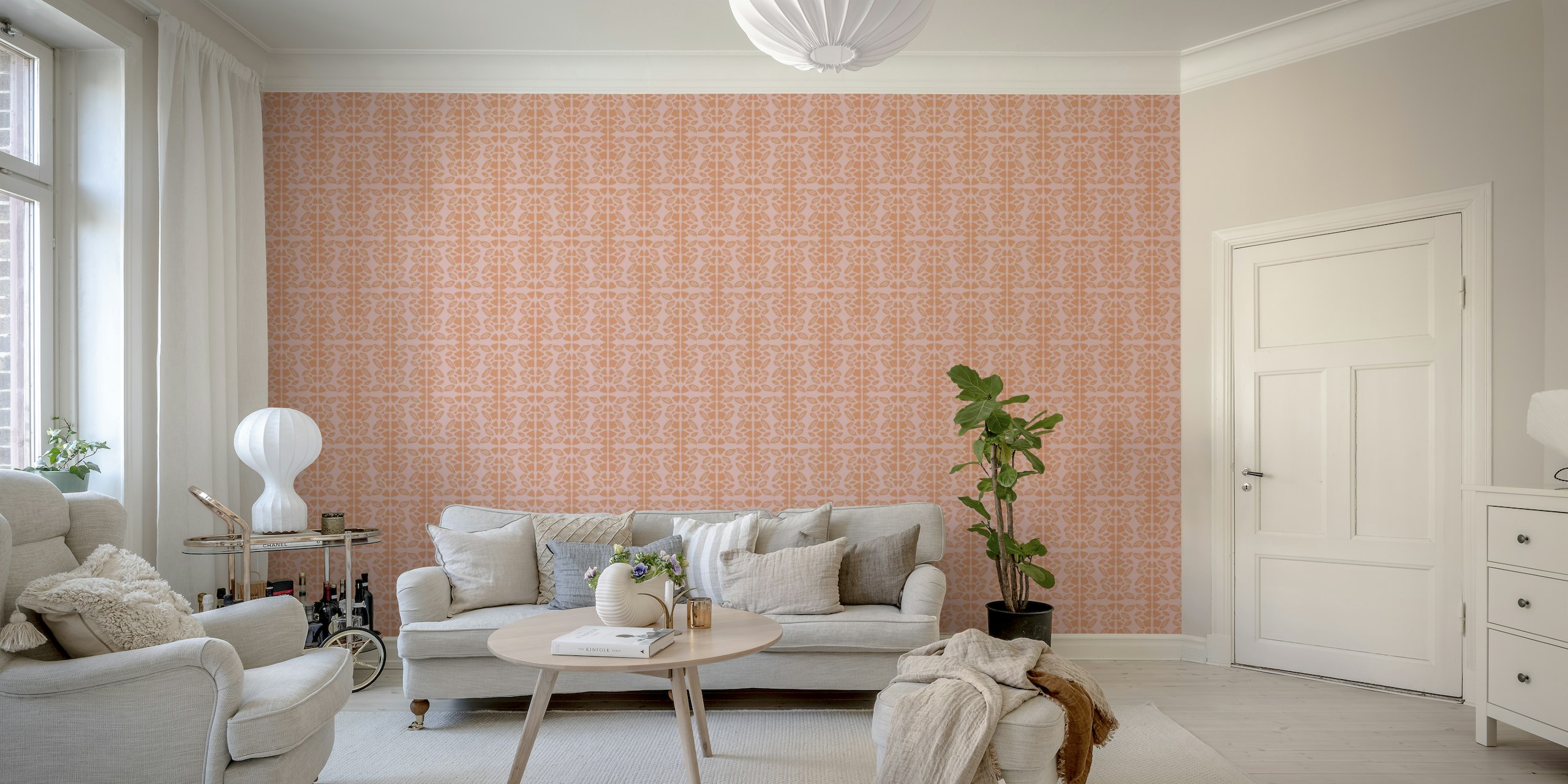 Light pink wall mural with delicate botanical patterns