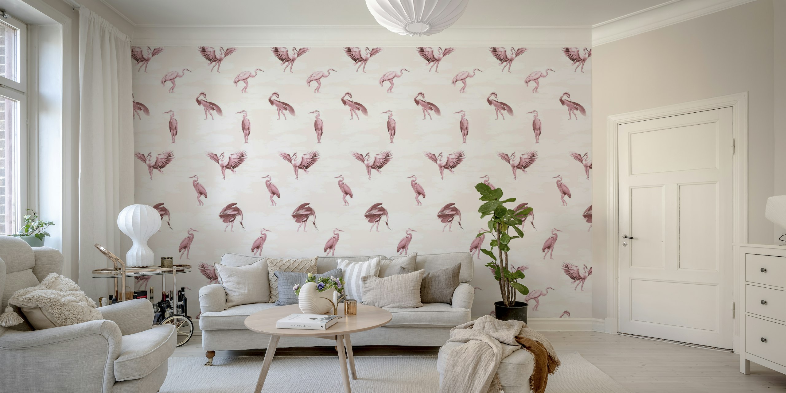 Crane Bird-boys in Vintage Pink zidni mural s elegantnim pticama ždralovima na nježno ružičastoj pozadini