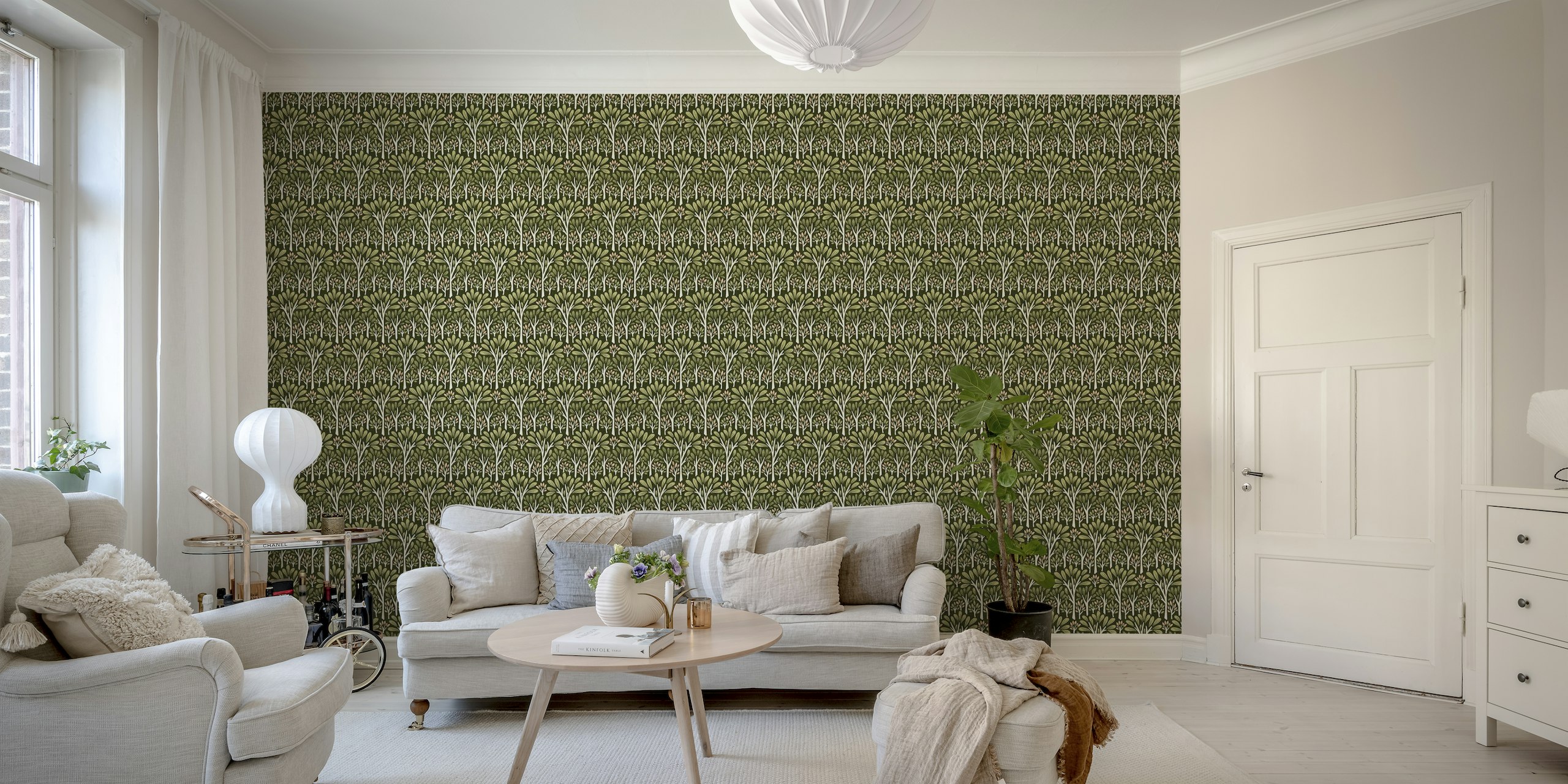 Dark botanical patterned wall mural featuring stylized trees and foliage