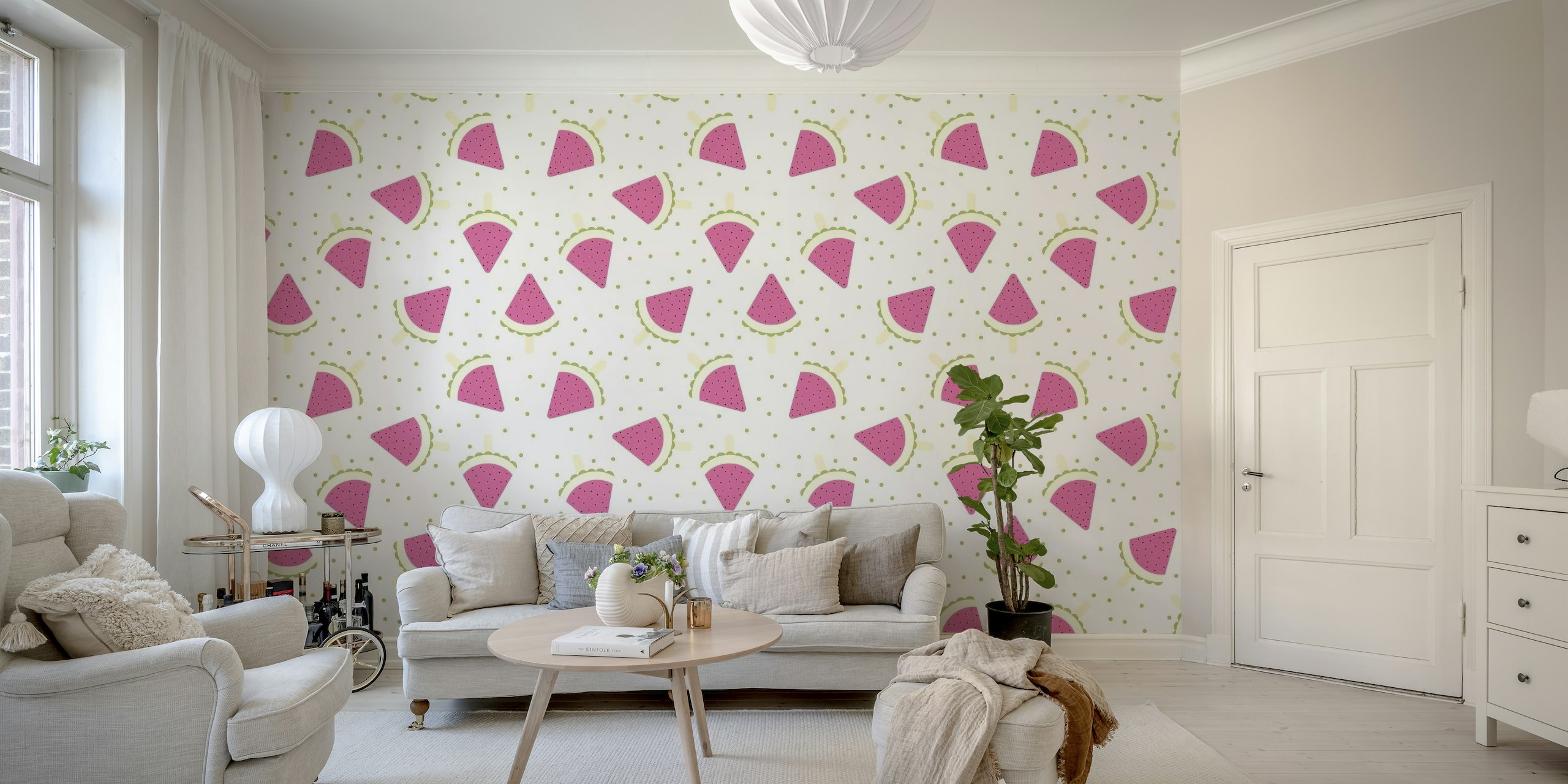 Watermelon Popsicles Fuchsia Dots Green wall mural with playful watermelon slices and dotted pattern.