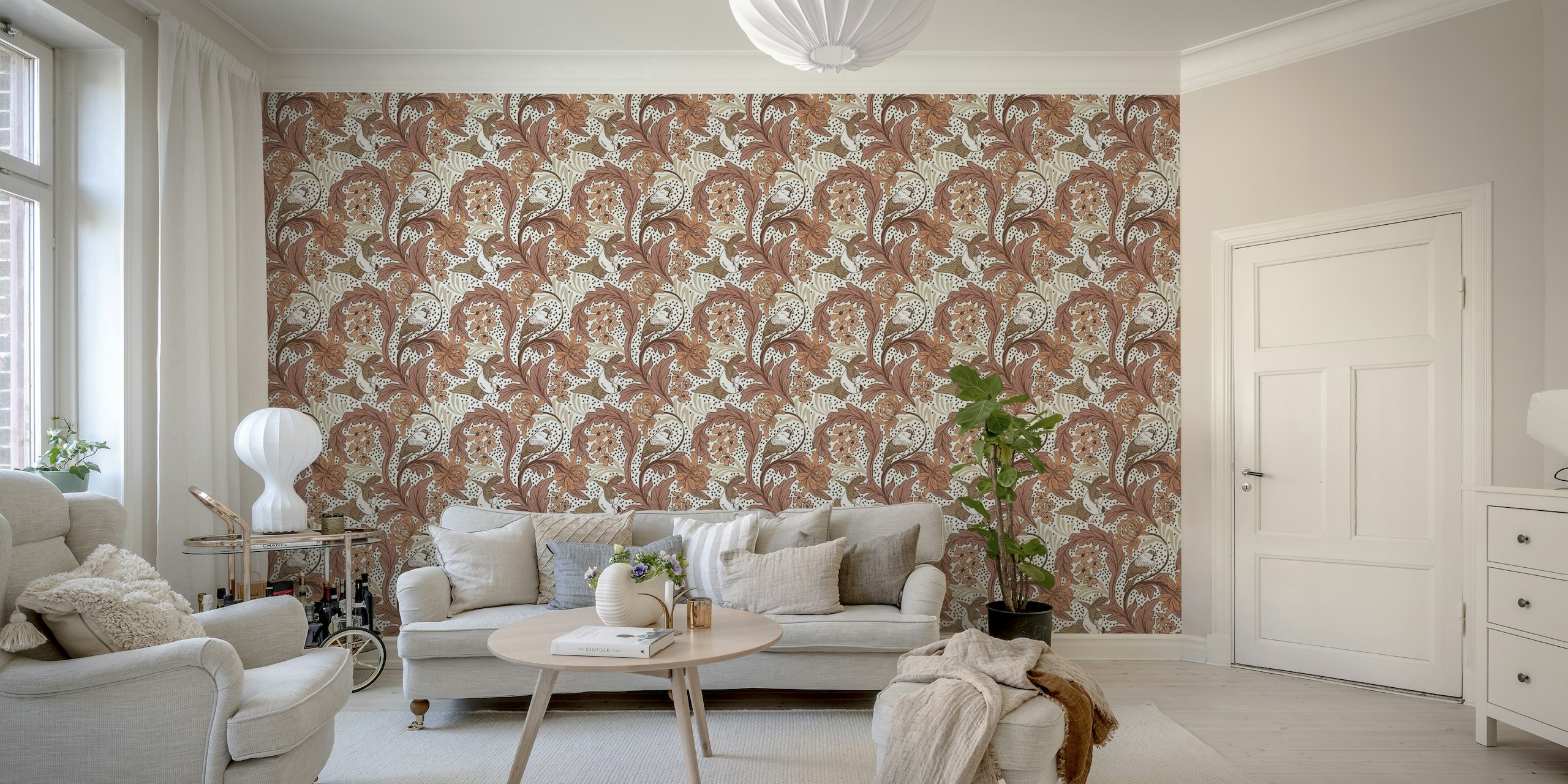 Linnut wall mural with birds, flowers, and foliage in earthy tones
