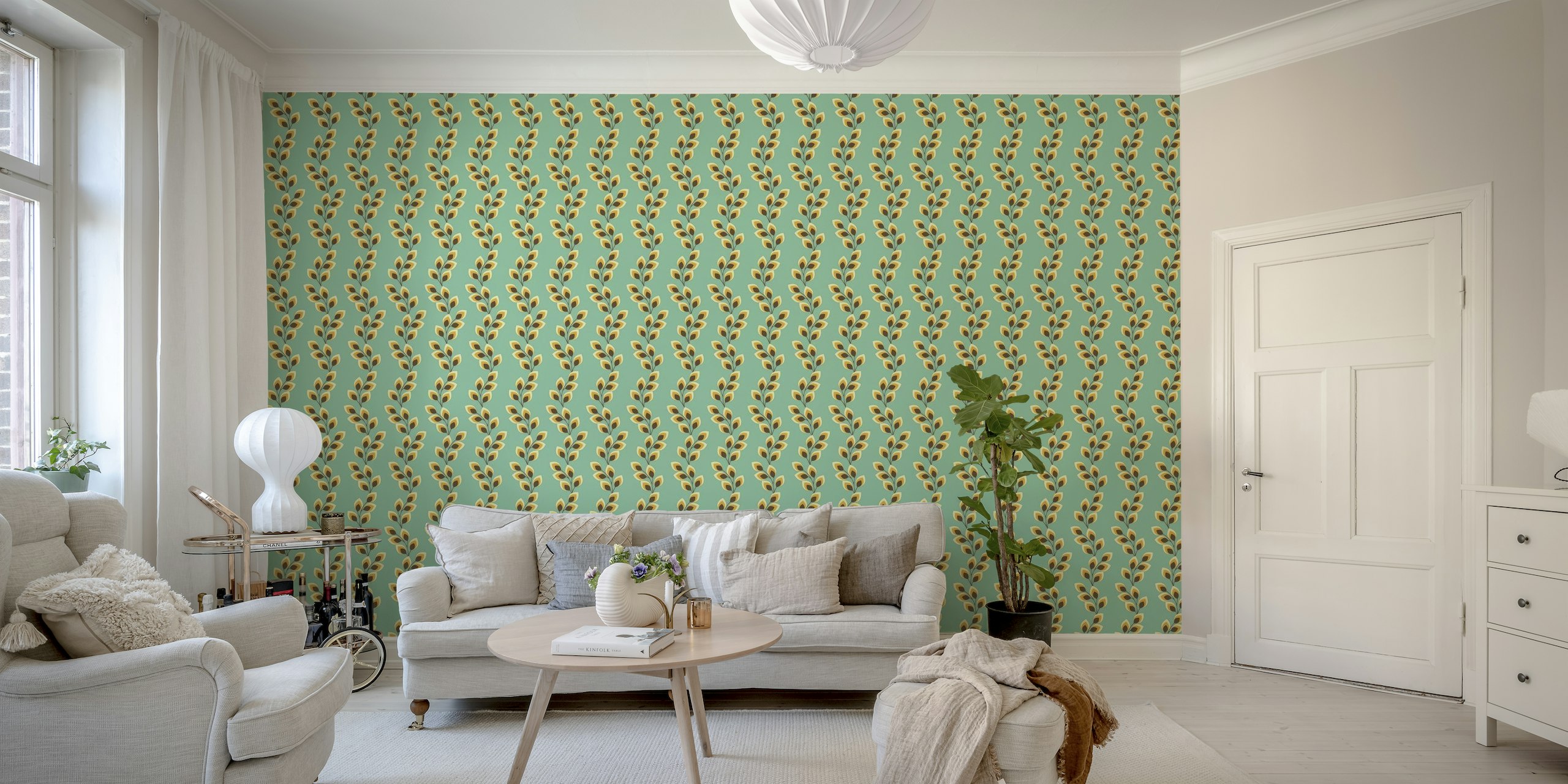Retro wavy leaves - teal wallpaper