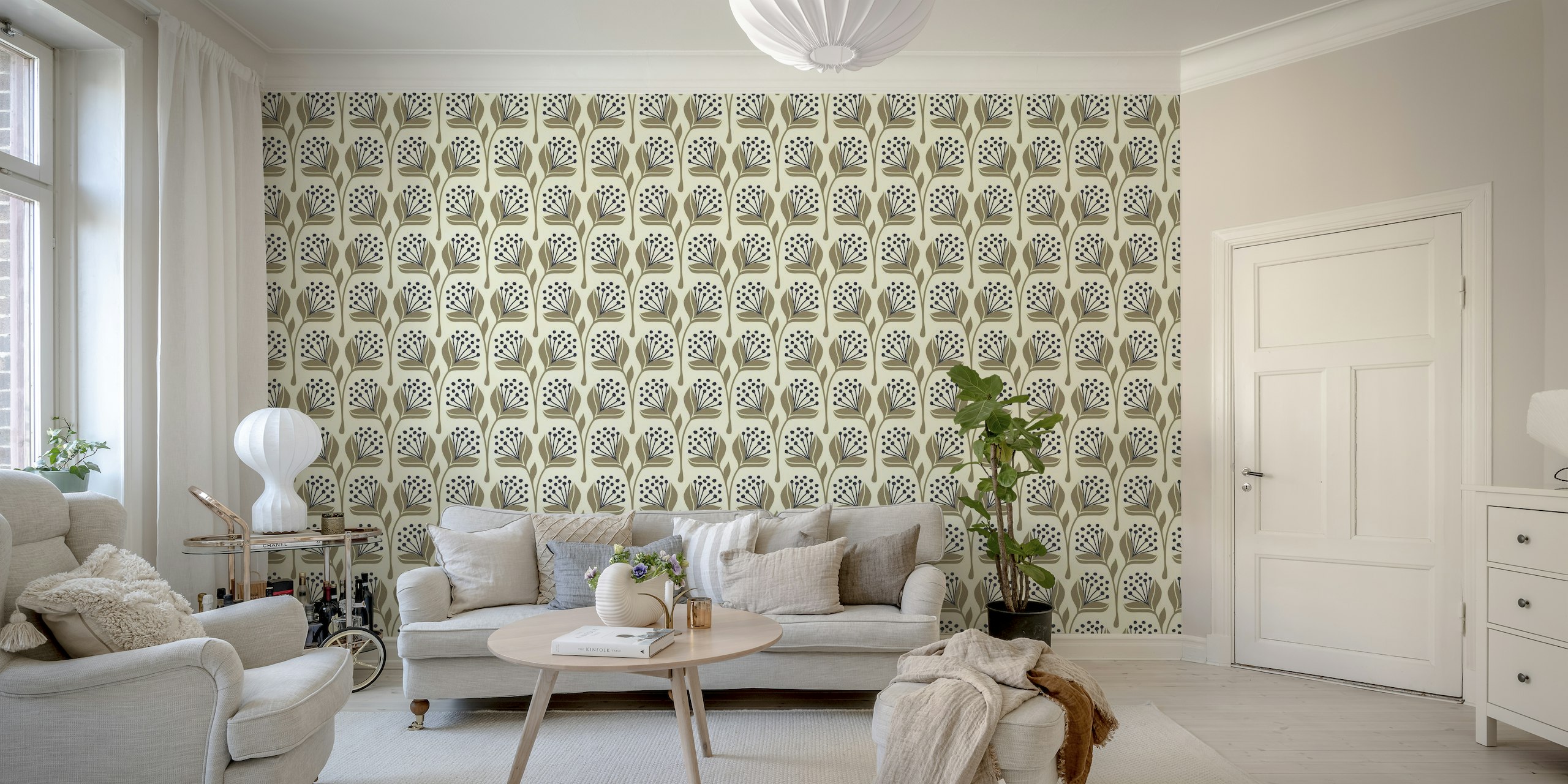 Beige hand-drawn floral wall mural with vintage vibes