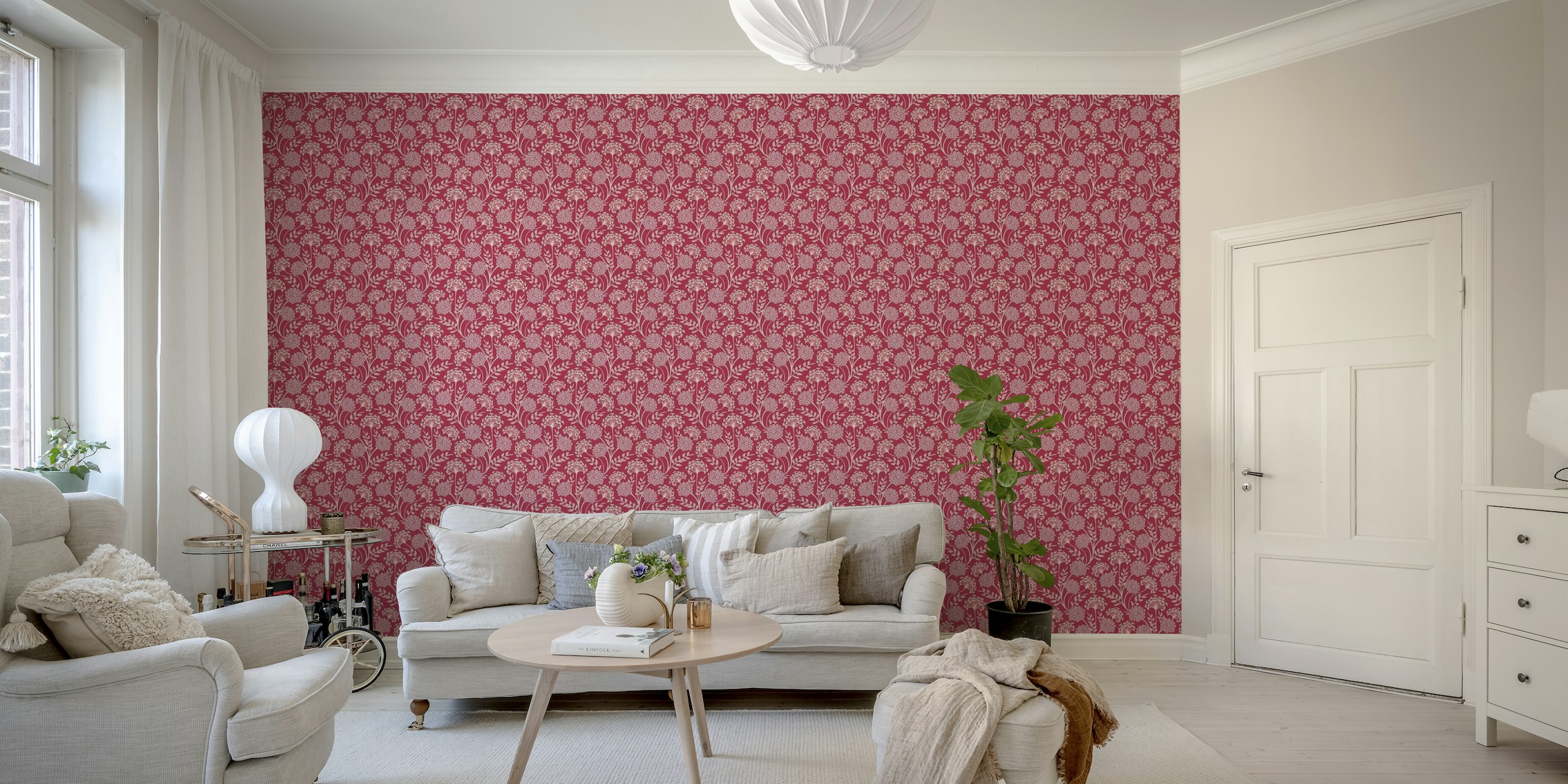 DANUBE Cottage Floral wall mural in magenta red with white floral patterns