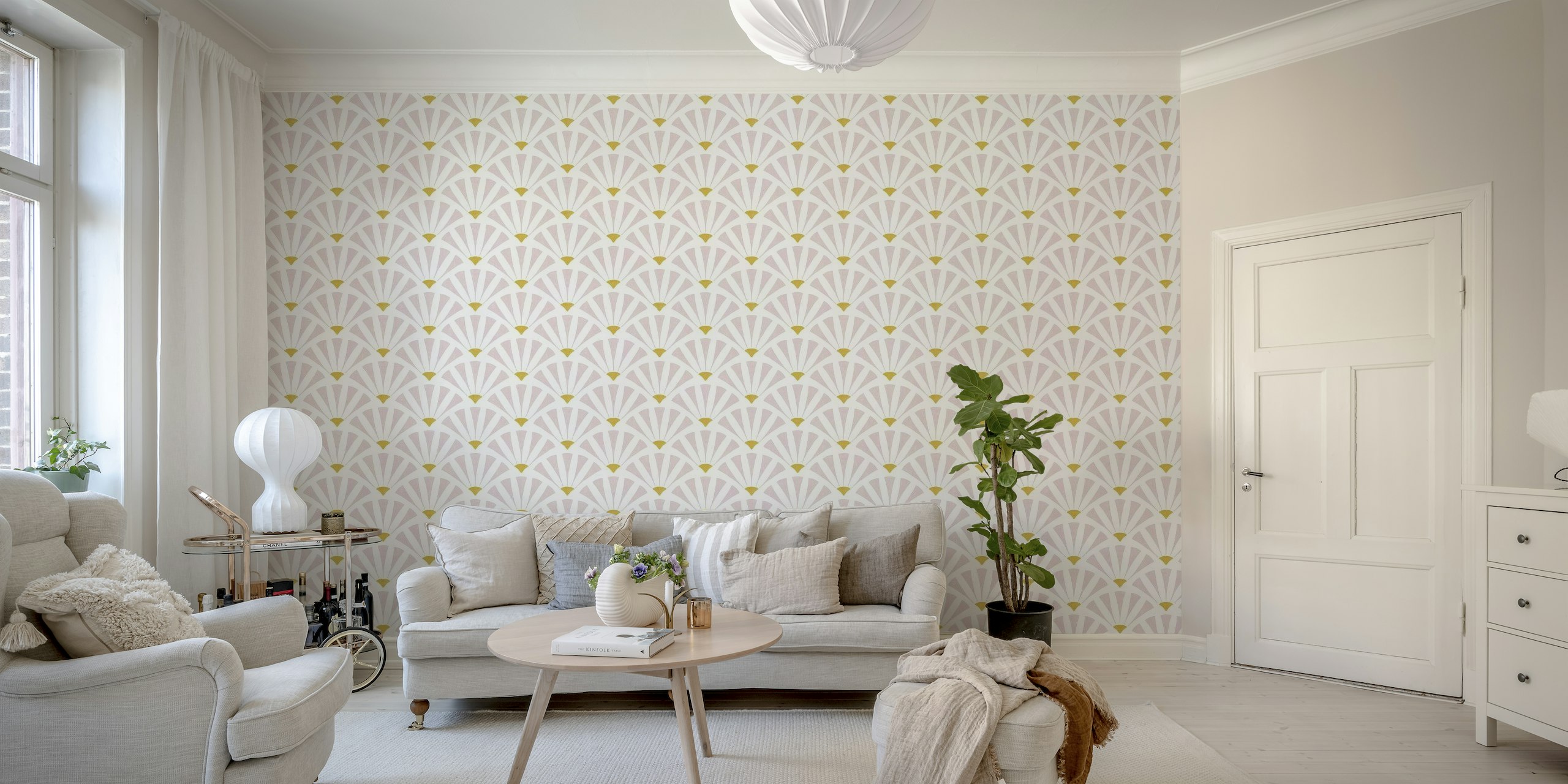 Myrtle pink wall mural with fan-shaped patterns