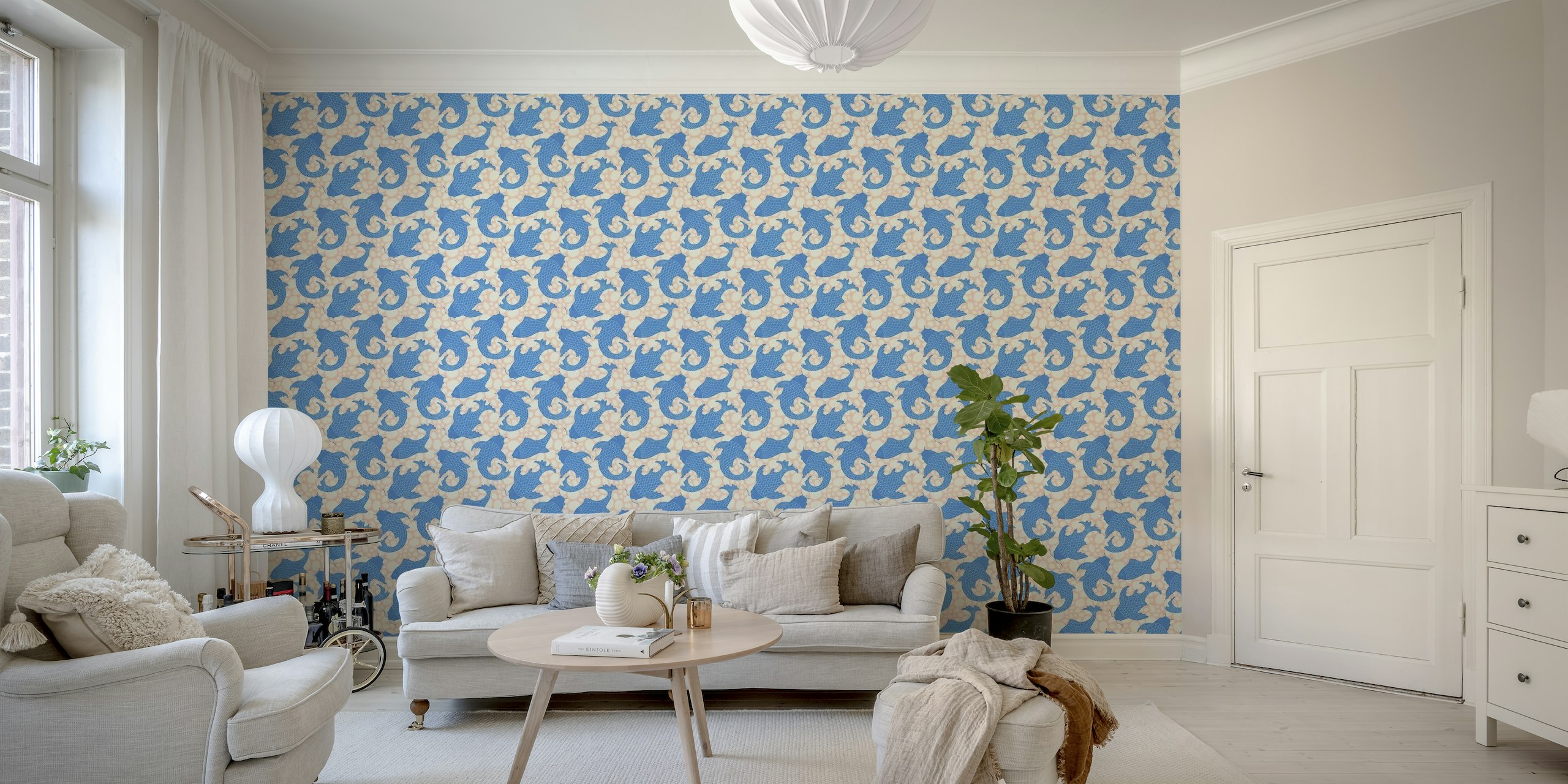 KOI Japanska plava plivajuća zidna slika s uzorkom šljunka u mirnom dizajnu