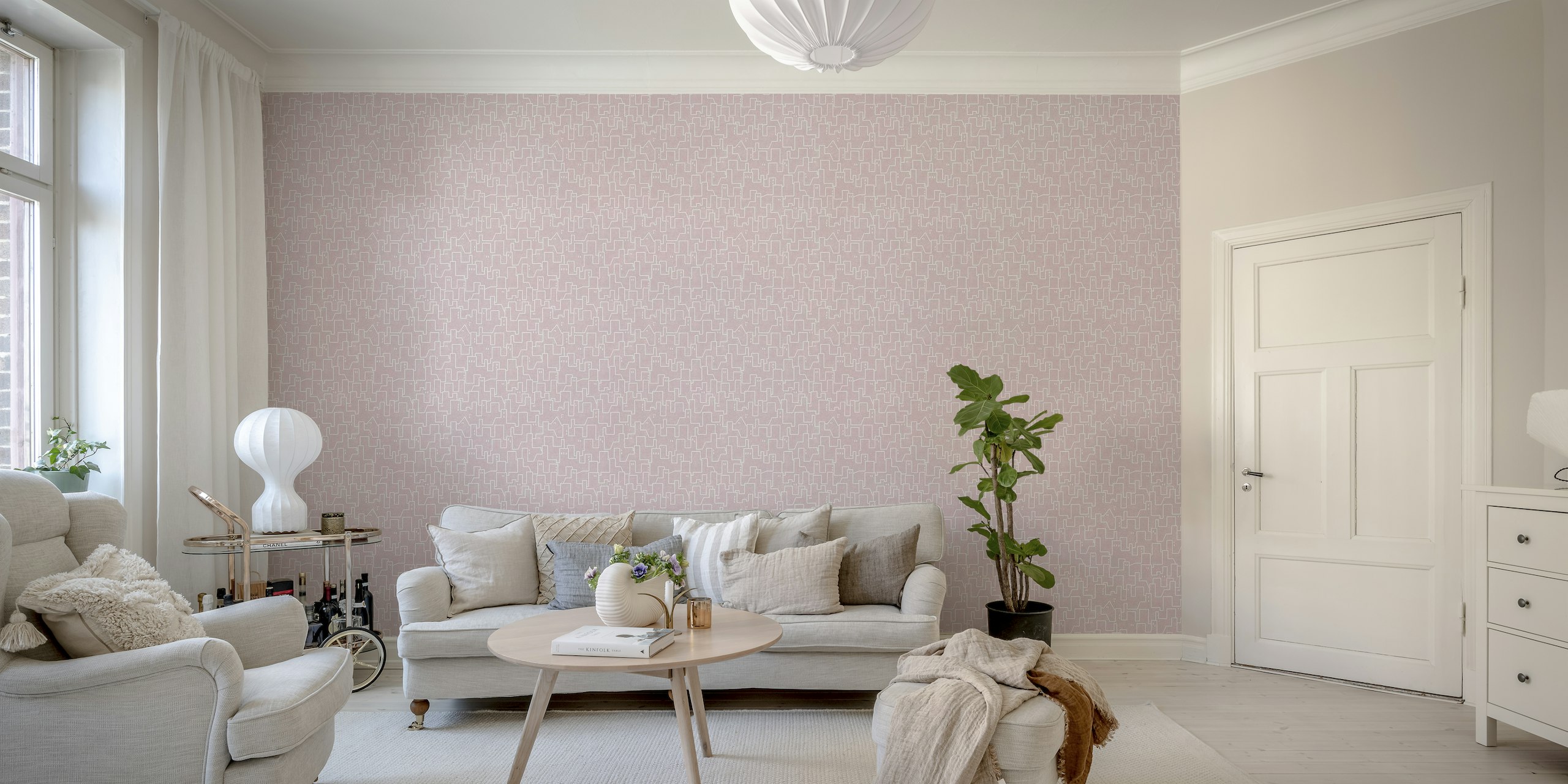 Abstract city skyline wall mural in soft pink tones