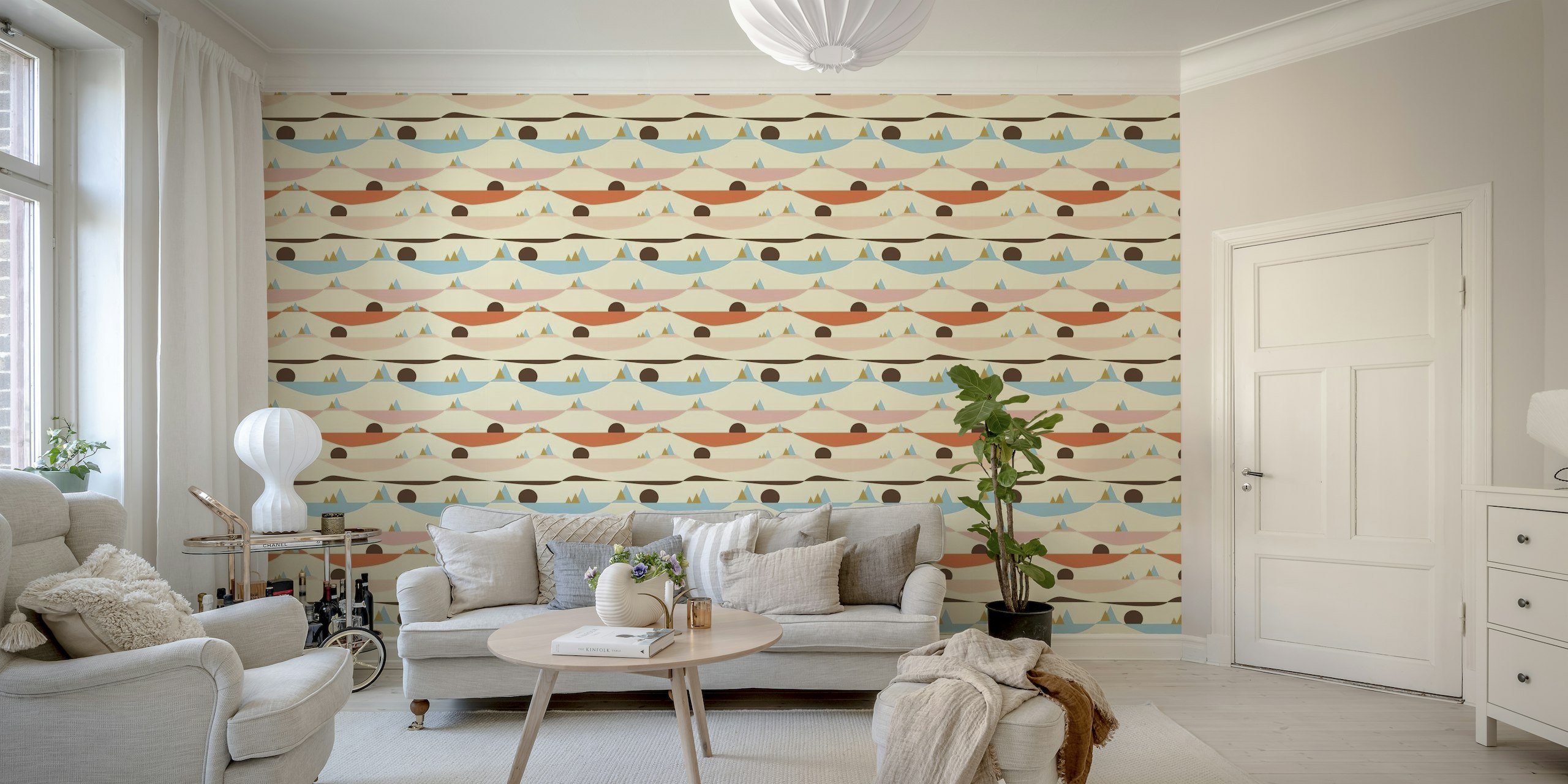 Abstract Apricity Landscape Beige wall mural with geometric mountain patterns