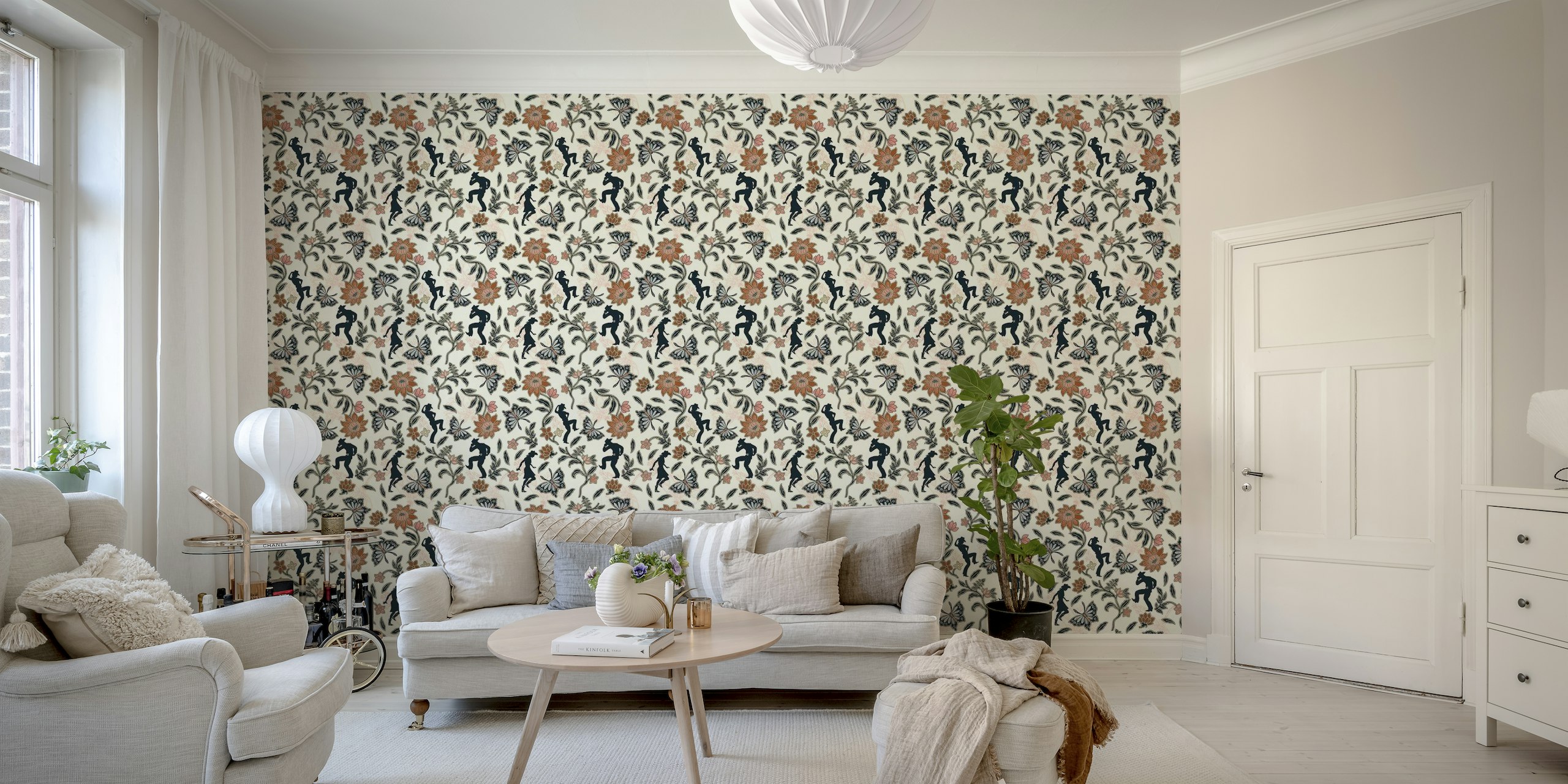 Western wild nature inspired wall mural with floral patterns and cowboy silhouettes
