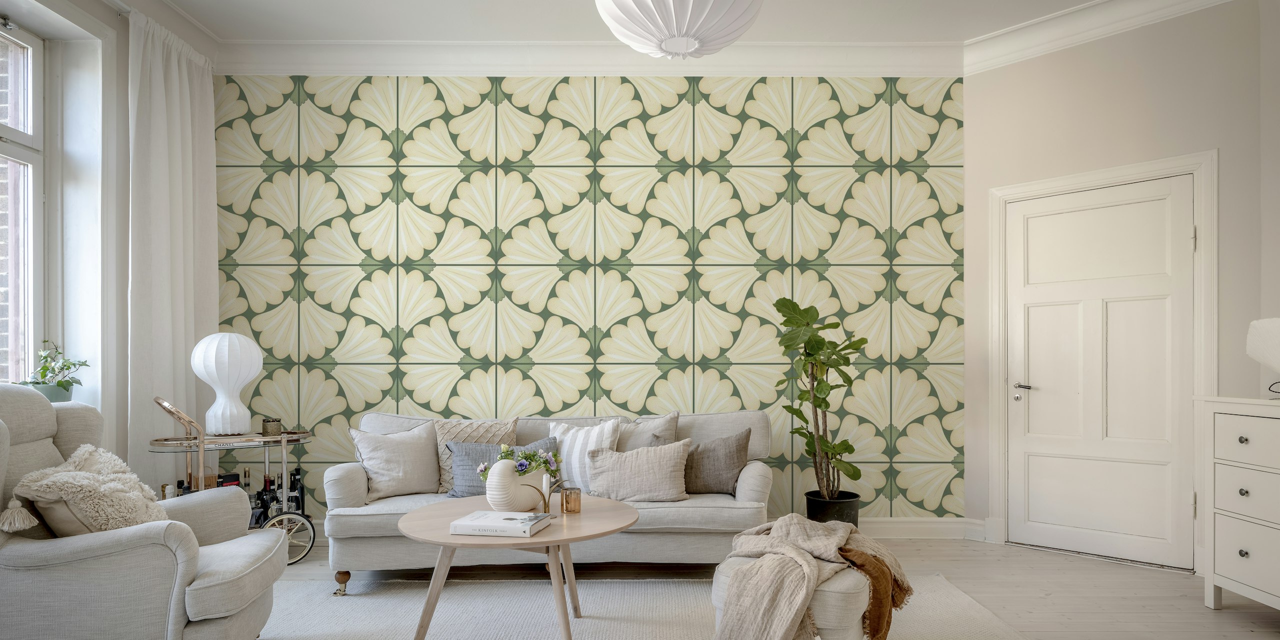 Flower tiles green offwhite behang