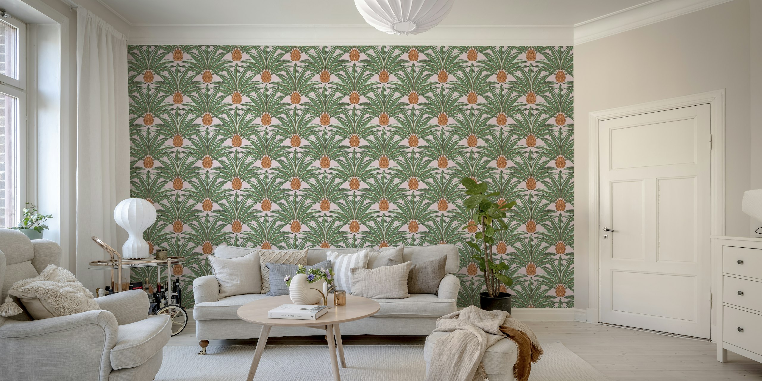 Festive palm fans - orange green pink wallpaper