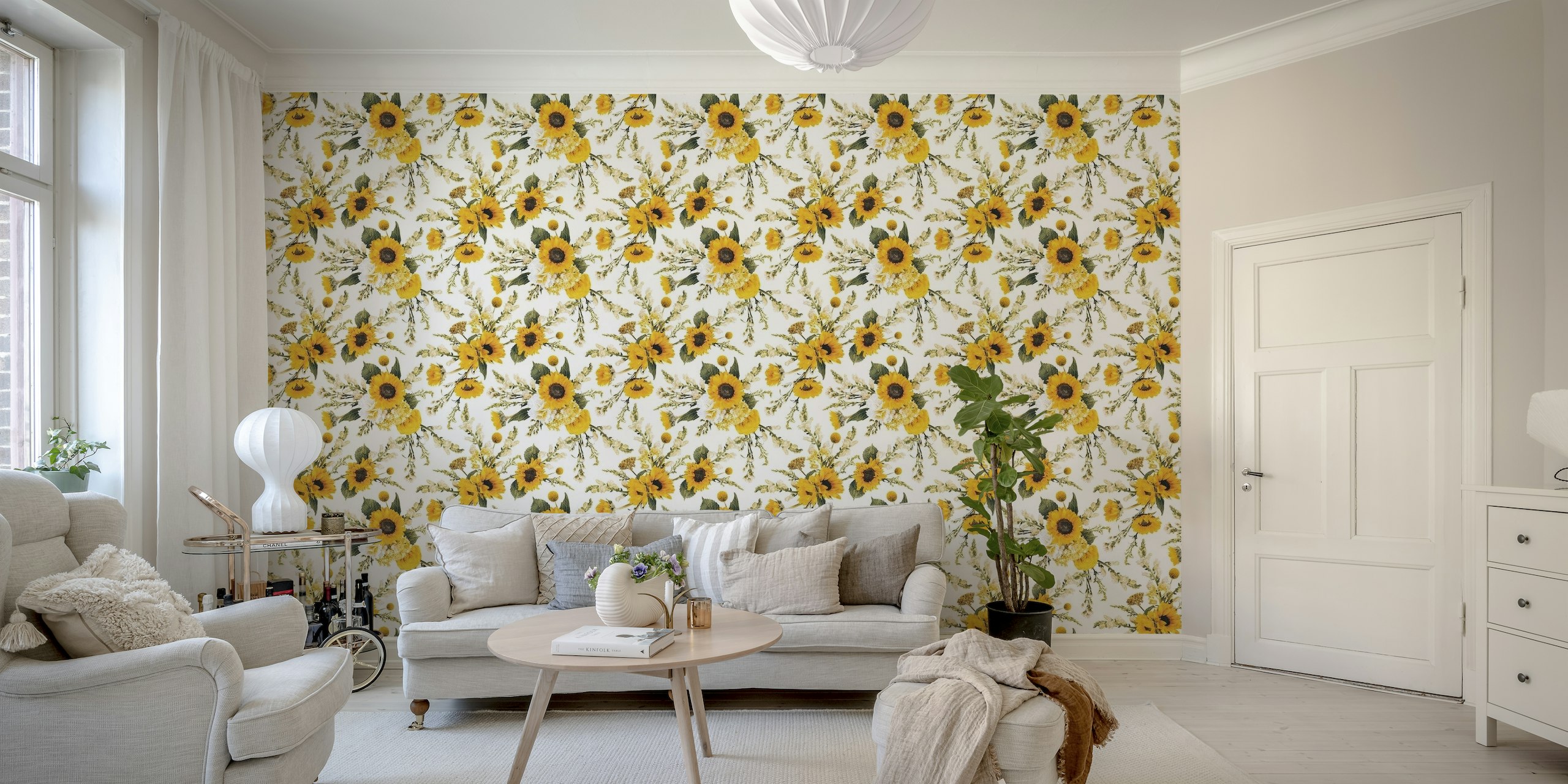 Bright and cheerful sunflower wall mural with intertwining wildflowers and greenery
