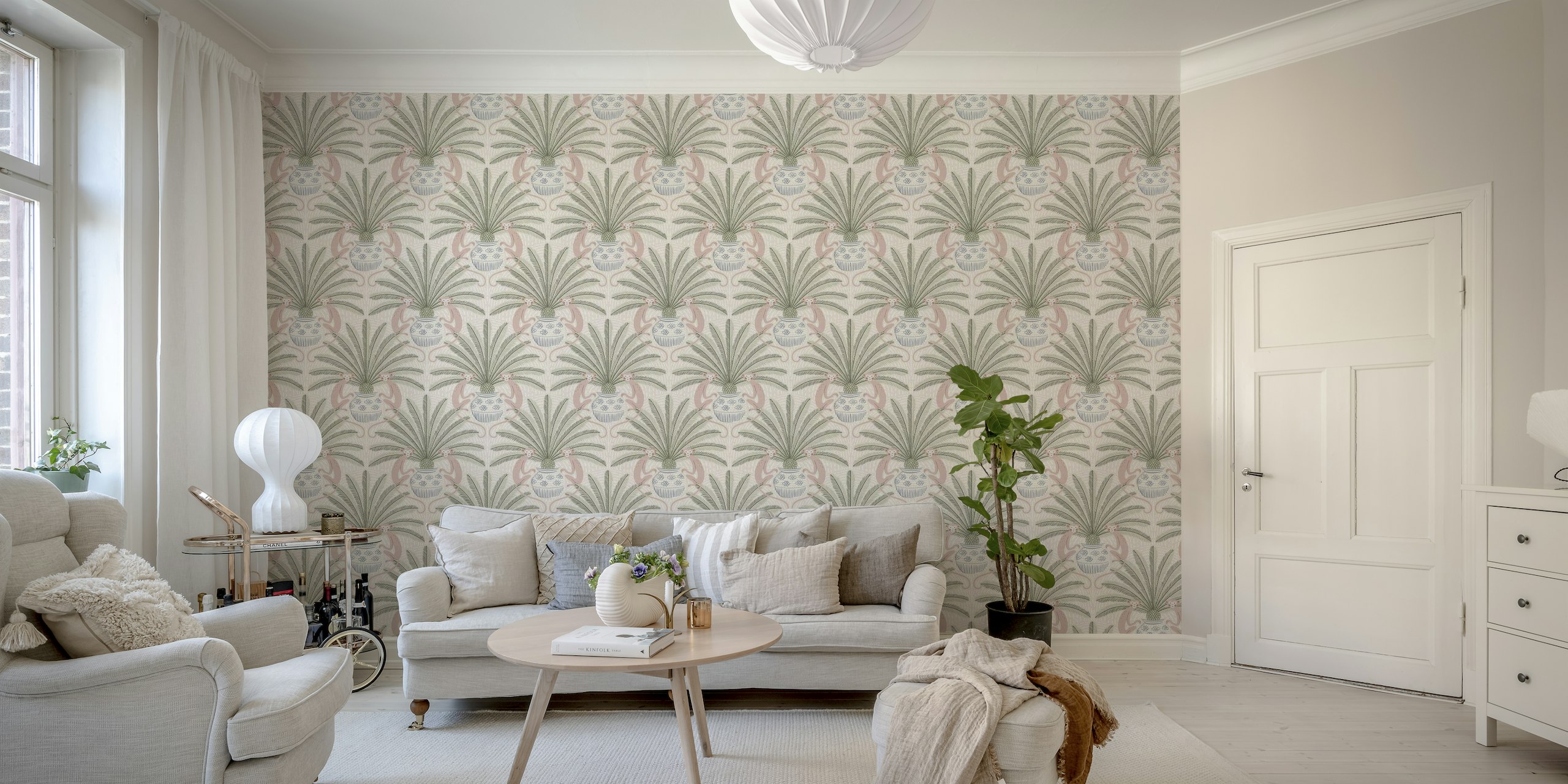Sago Palm and Monkey wall mural on a dusty pink background with blue pottery accents