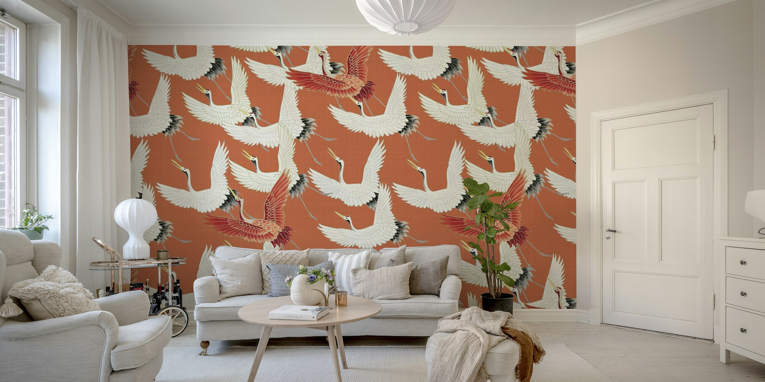 Japanese Cranes wall mural with graceful birds in flight against a rust-colored background