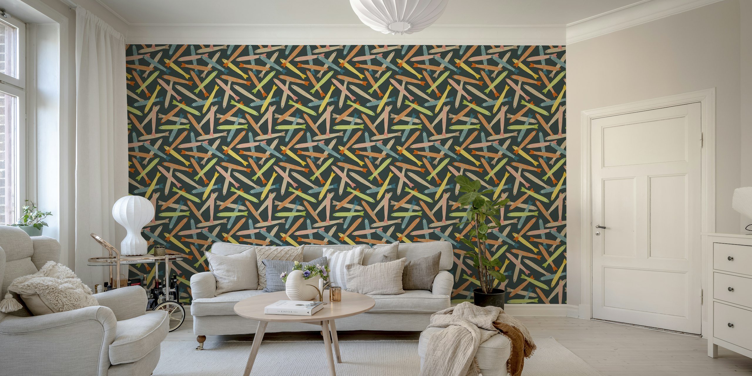 Colorful retro fish patterns scattered across a charcoal background on a wall mural.
