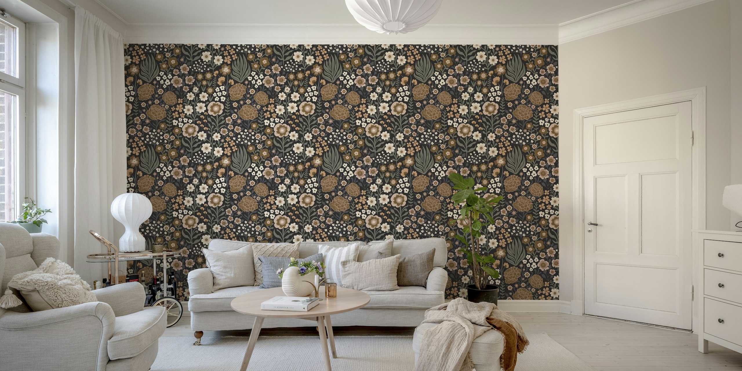 Dark botanical wallpaper with neutral wildflowers and a moody background