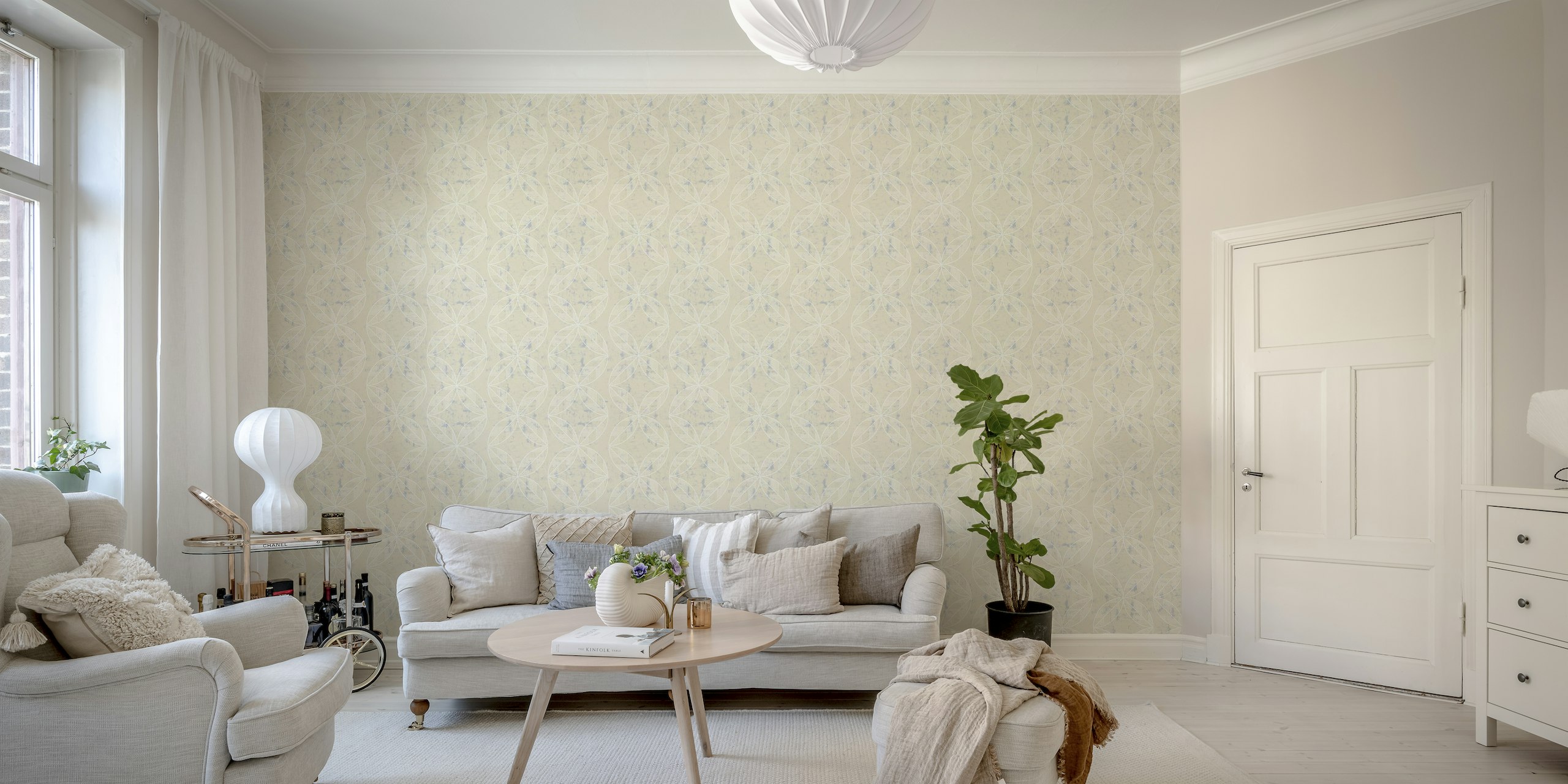 Abstract getextureerd geometrisch bladerenpatroon op een fotobehang met beige achtergrond