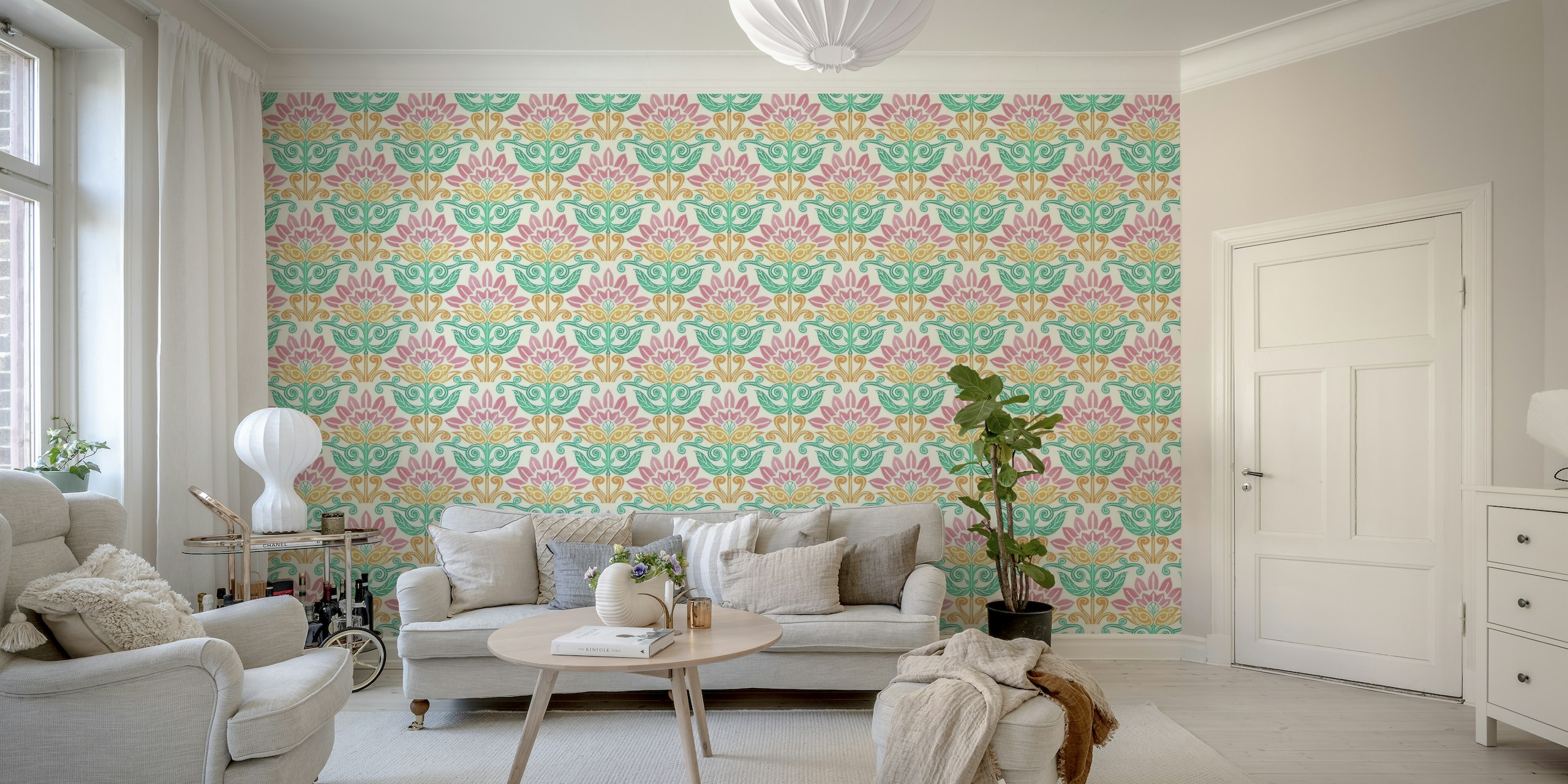 Pink lotus block print wallpaper