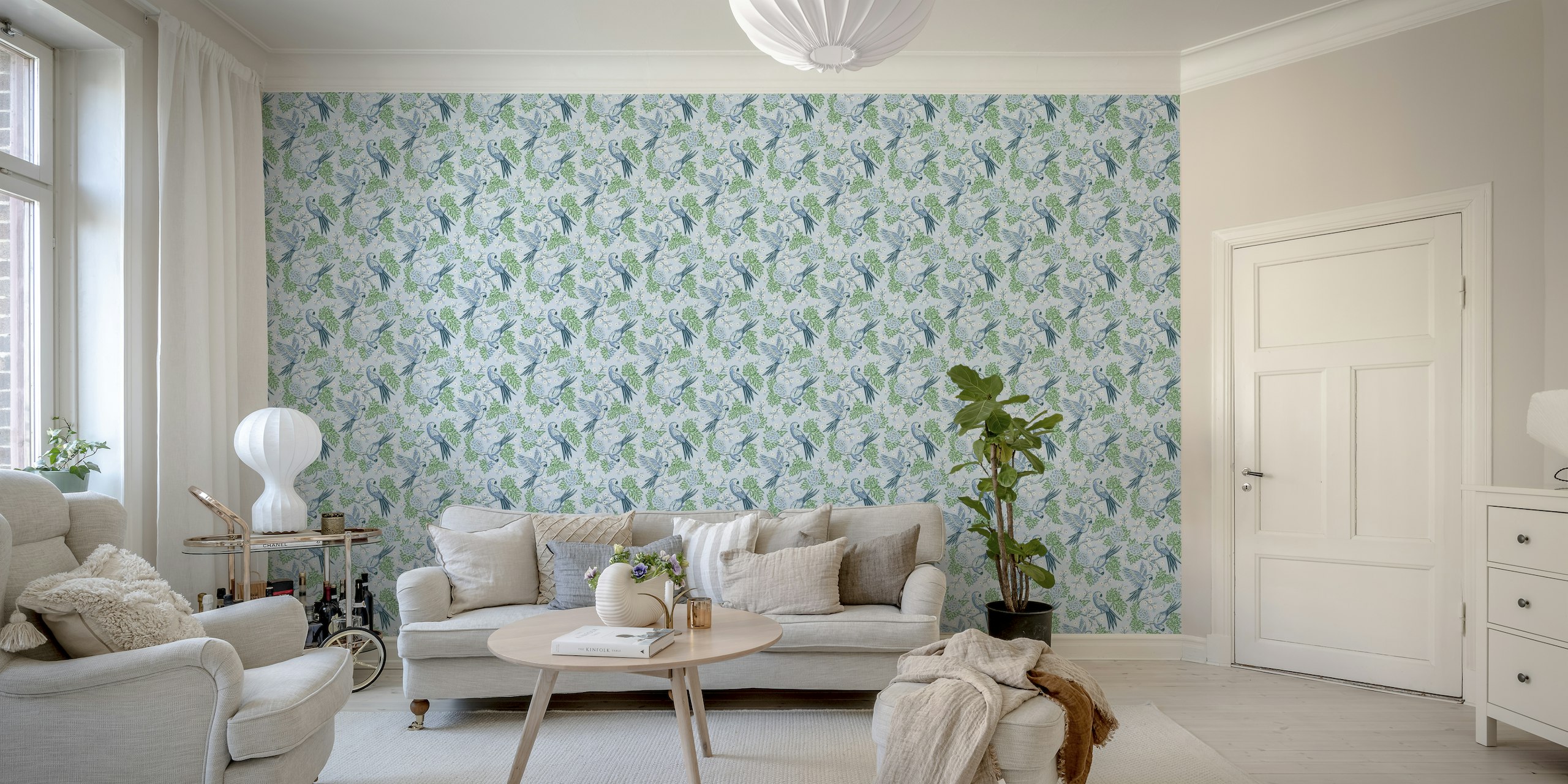 Parrot garden - blue and green wallpaper