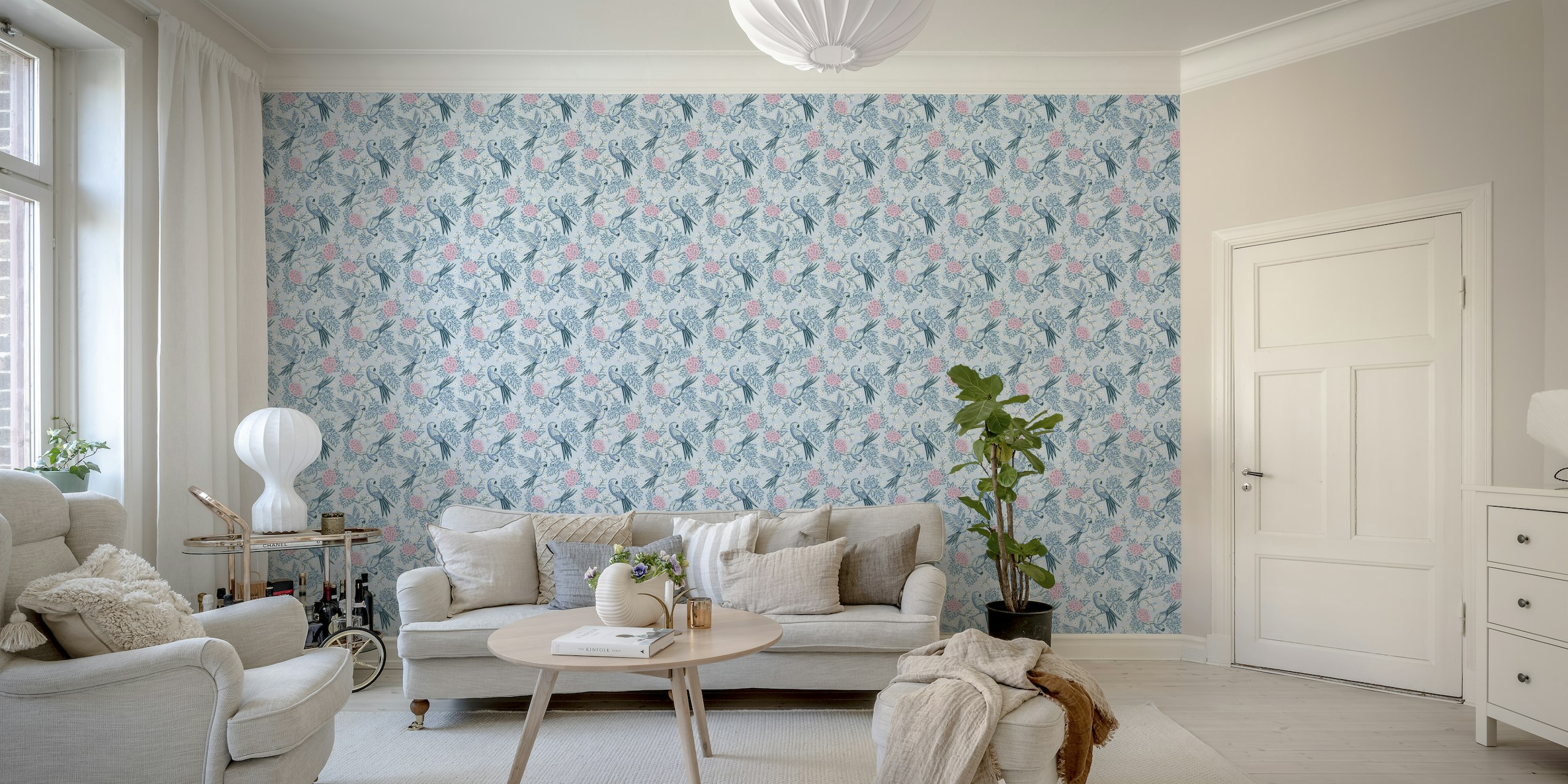 Parrot garden - blue and pink wallpaper