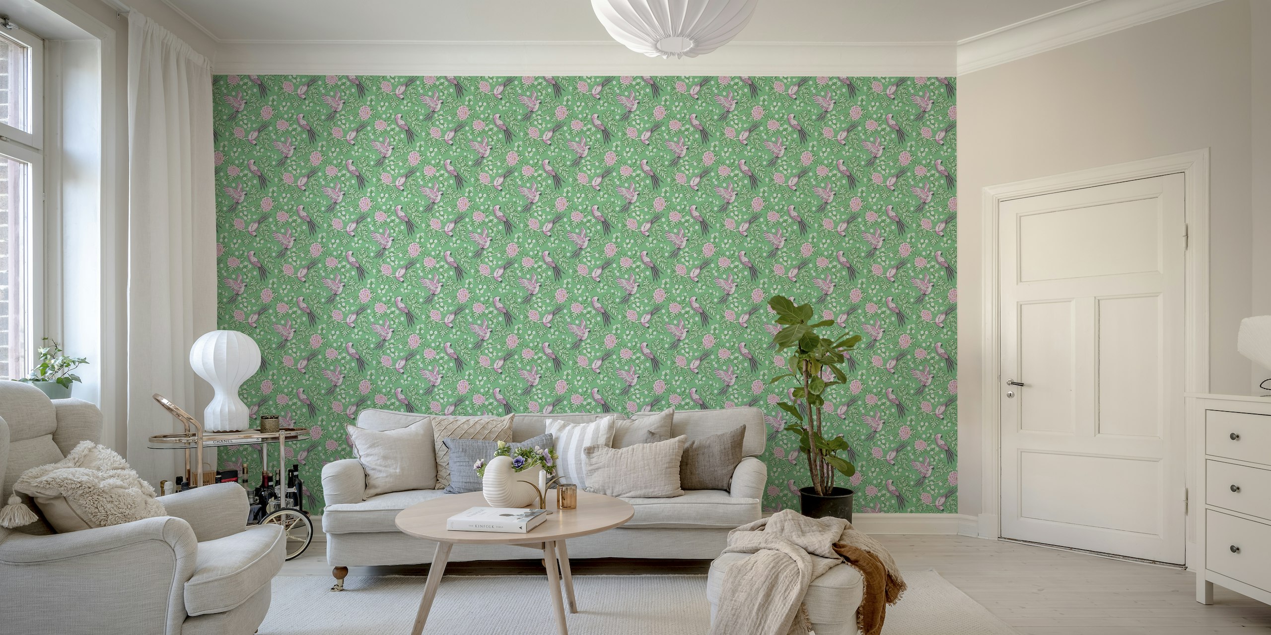 Parrot garden - pink and green wallpaper
