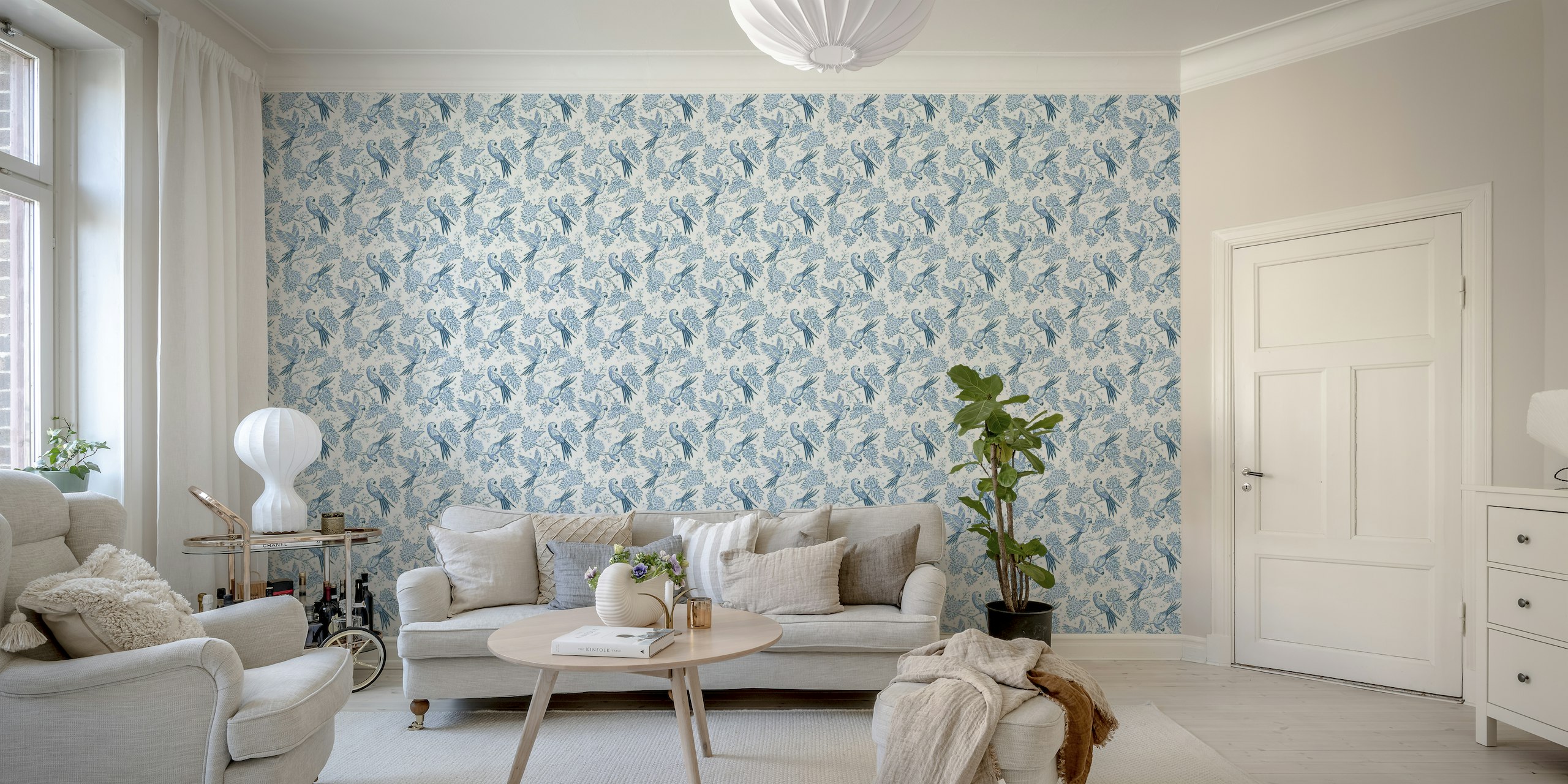 Parrot garden - blue and white wallpaper