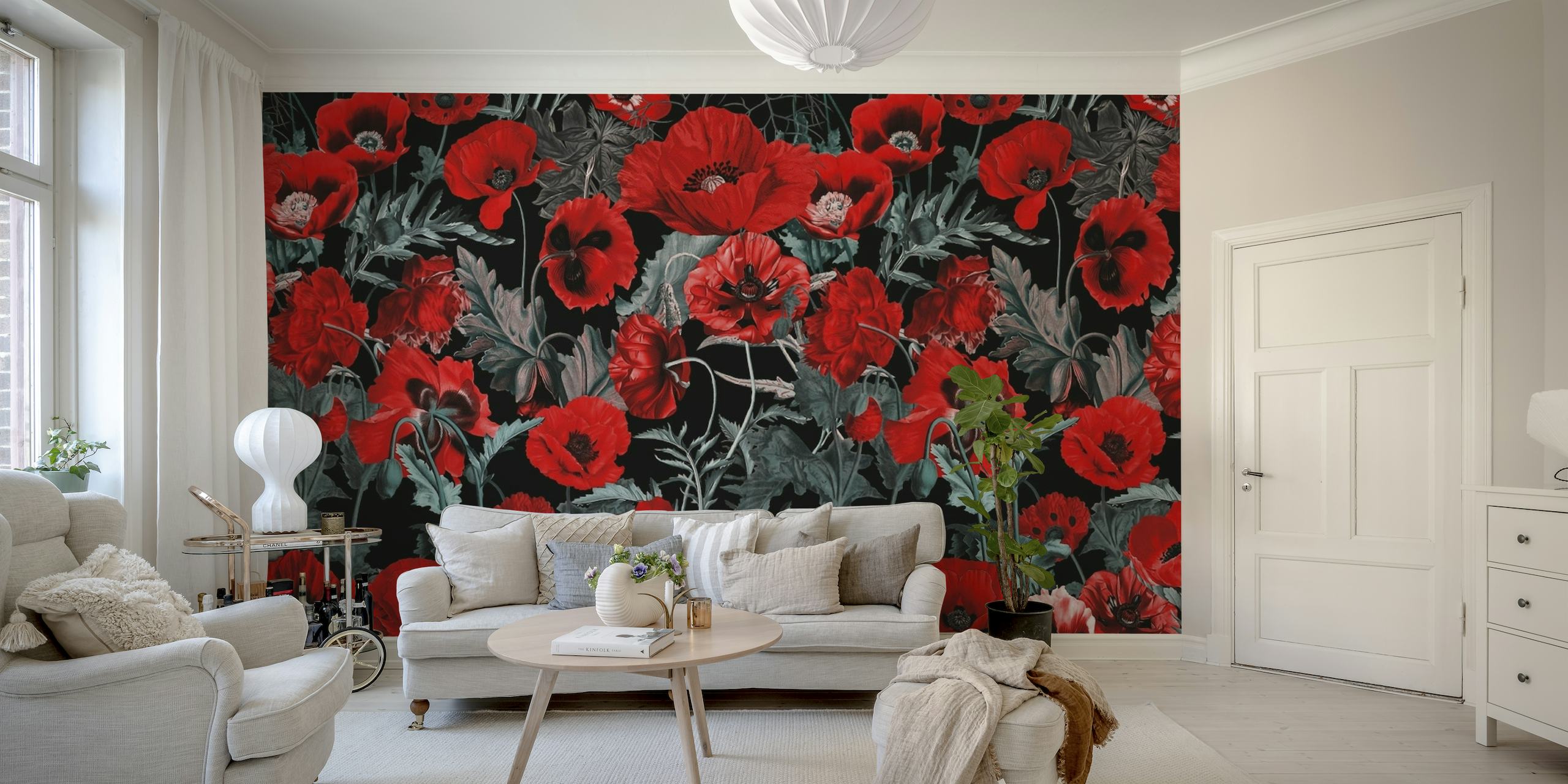 Red poppies on black background wall mural