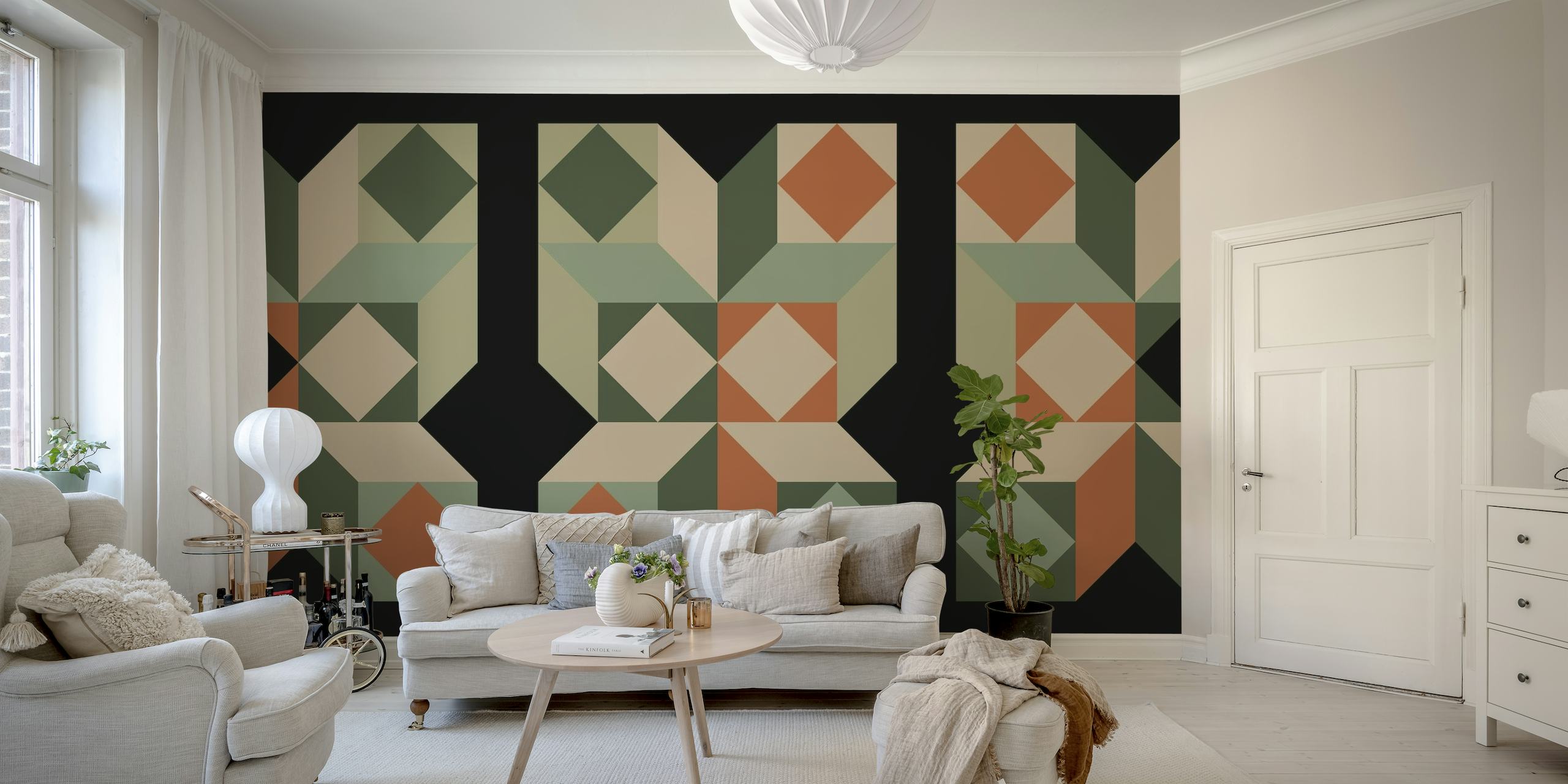 Midcentury Bauhaus-inspireret vægmaleri med geometriske mønstre i grønne, orange og neutrale toner.