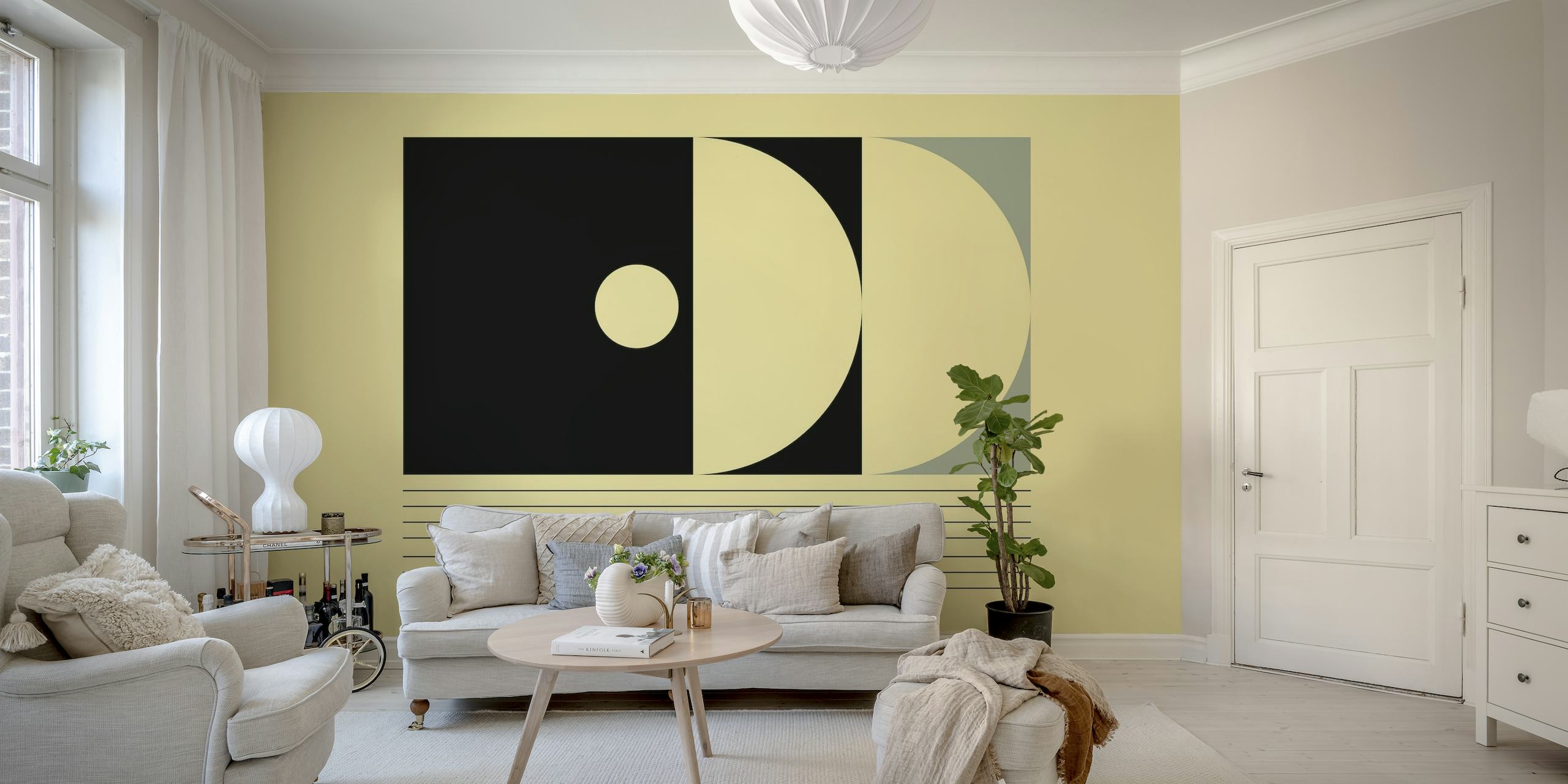 Abstract geometric wall mural in black, white, and beige